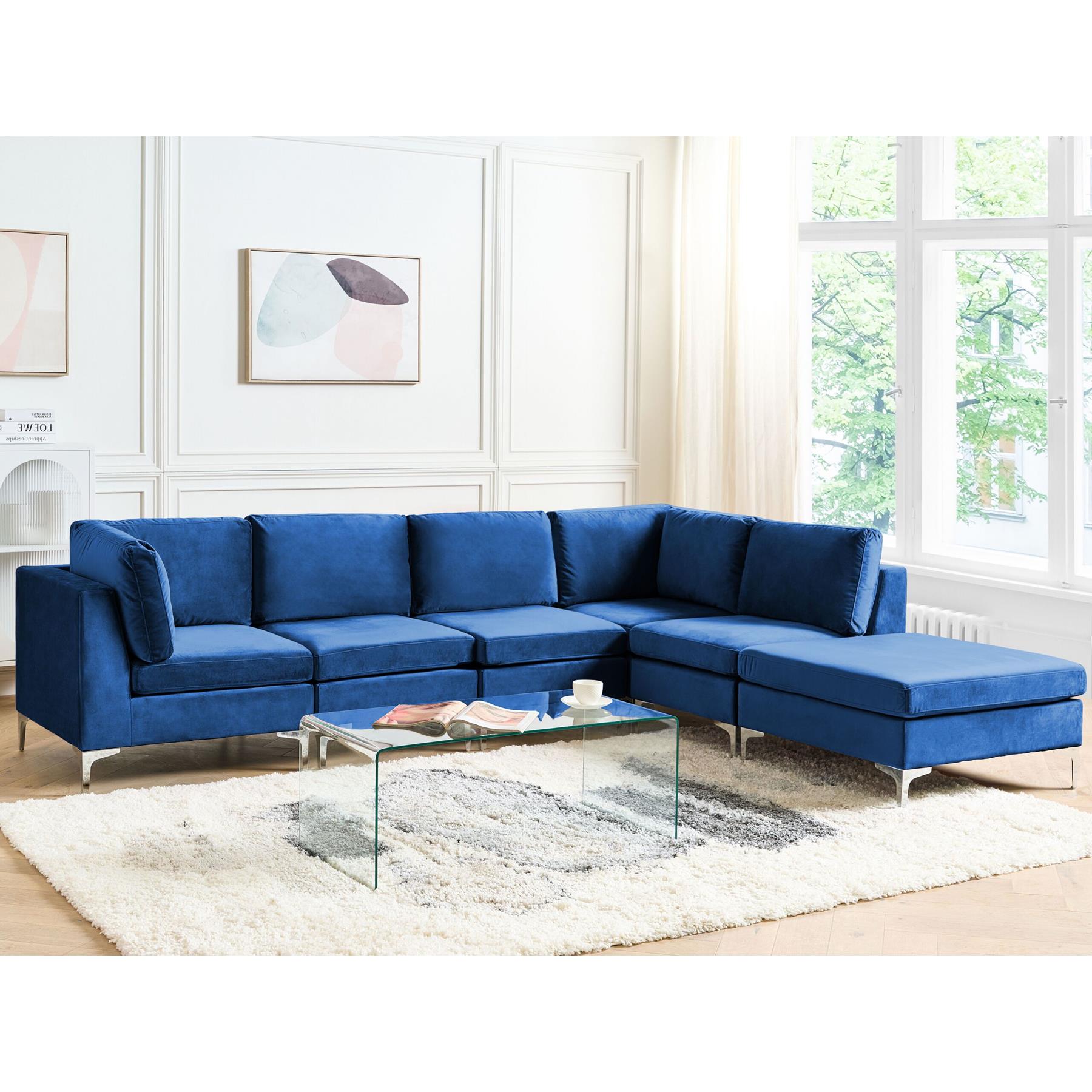 Beliani-EVJA-Hoekbank met ottomaan 5-zits-Marineblauw-Links-Fluweel