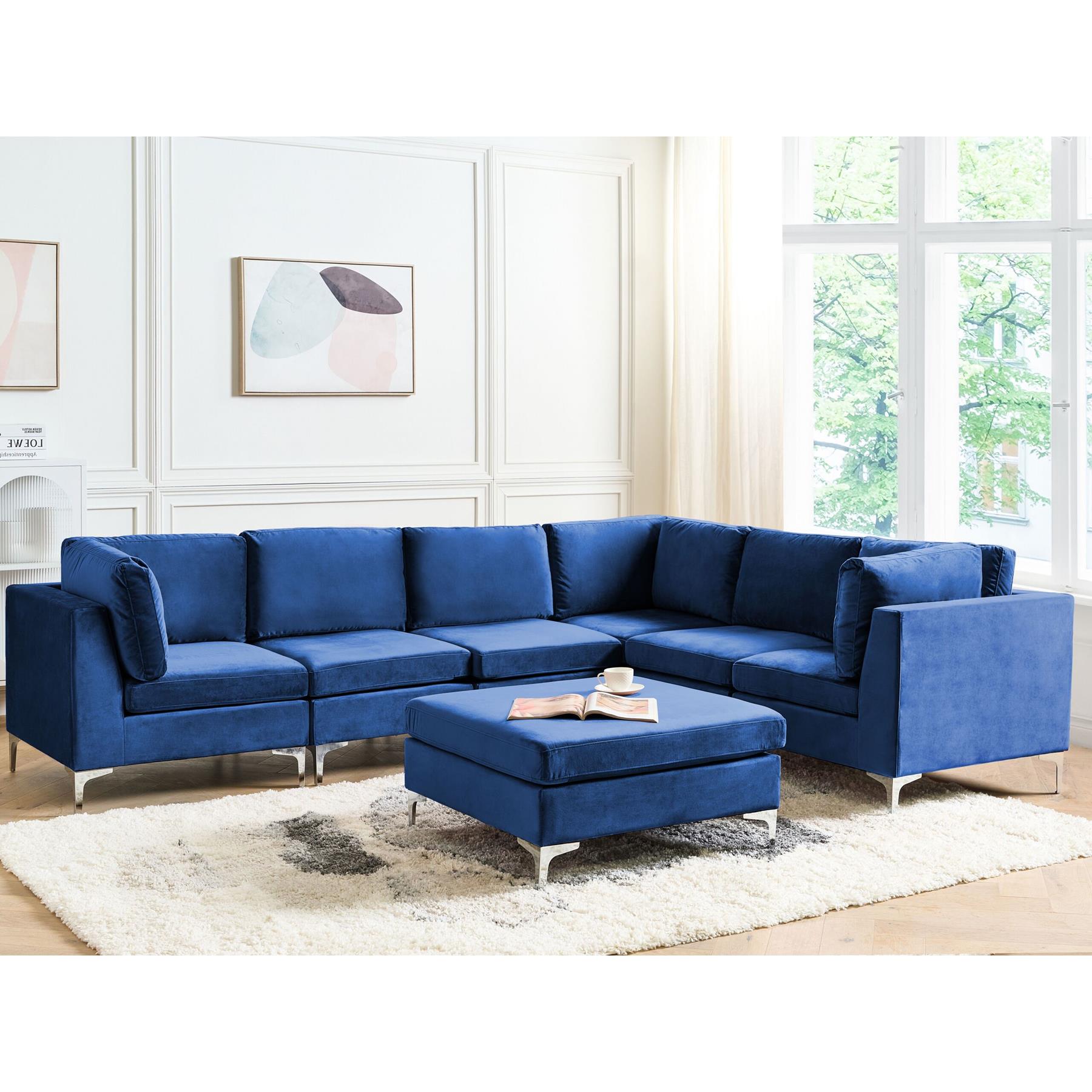 Beliani-EVJA-Hoekbank met ottomaan-Marineblauw-Linkerzijde-Fluweel