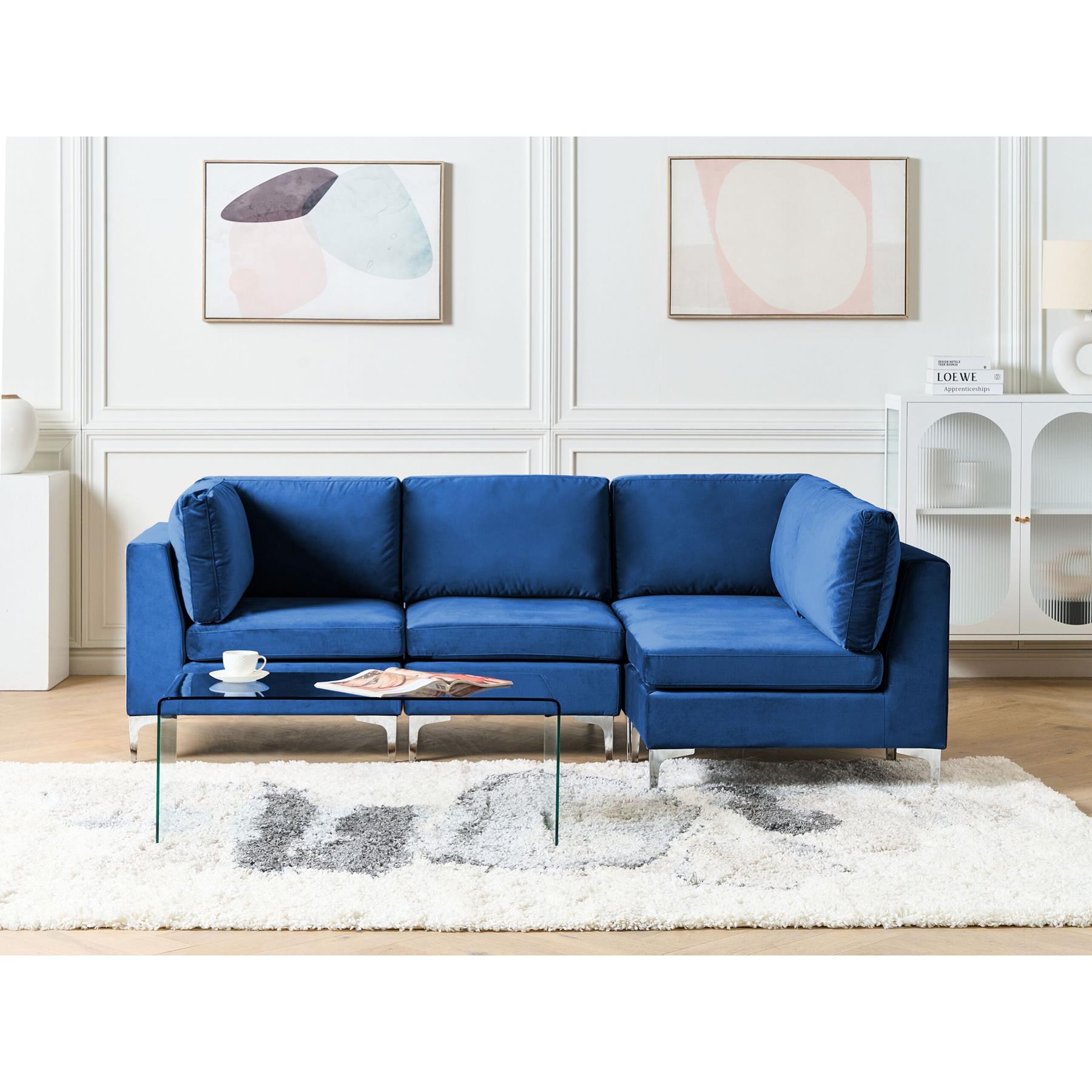 Beliani - EVJA - Hoekbank 4-zits - Marineblauw - Linkerzijde - Fluweel