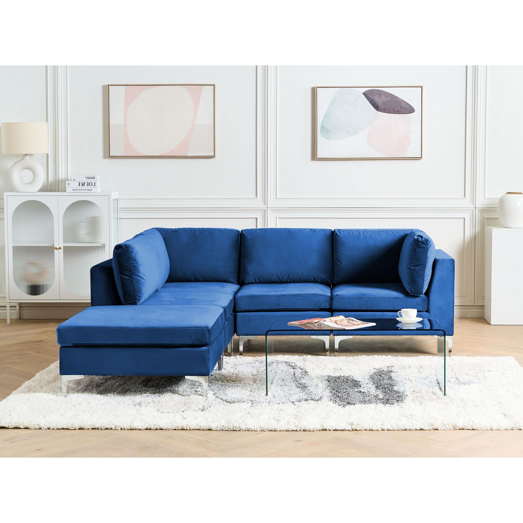 Beliani-EVJA-Hoekbank met ottomaan 4-zits-Marineblauw-Rechterzijde-Fluweel