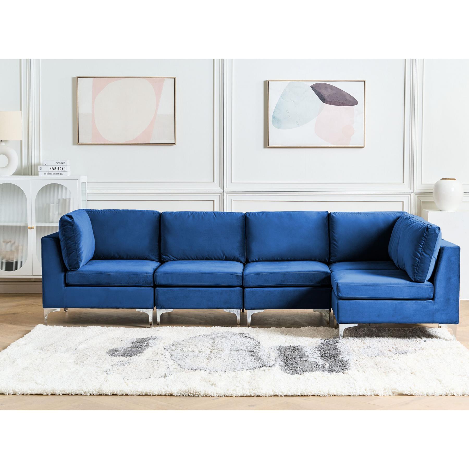 Beliani - EVJA - Hoekbank 5-zits - Marineblauw - Linkerzijde - Fluweel