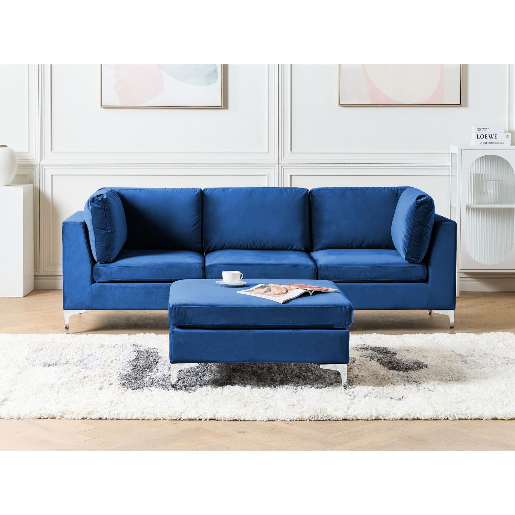 Beliani - EVJA - Hoekbank met ottomaan - Marineblauw - Fluweel