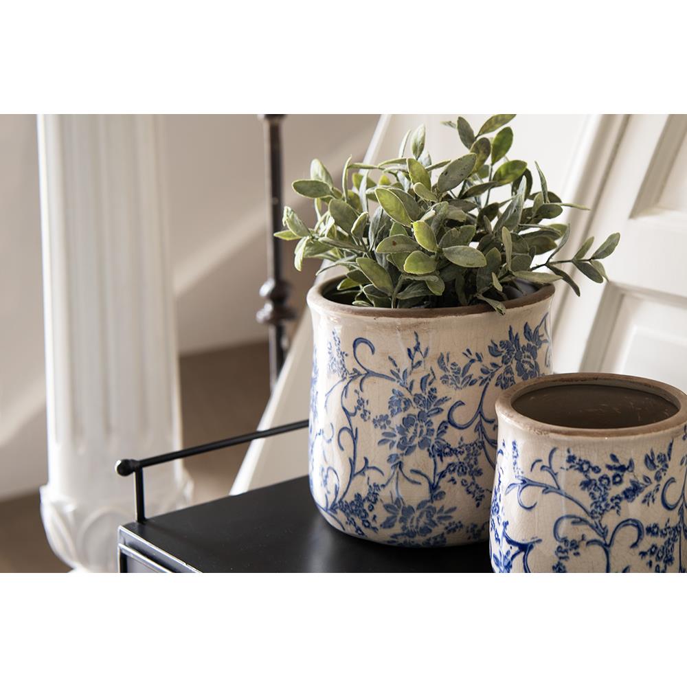 Clayre & Eef Bloempot  Ø 17x16 cm Blauw Wit Keramiek Rond Bloemen