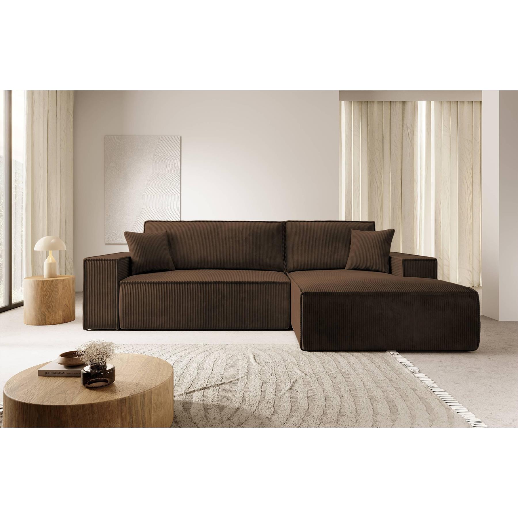NADUVI Collection Galine Hoekbank met Chaise Longue Rechts met Slaapfunctie - Ribstof - Bruin