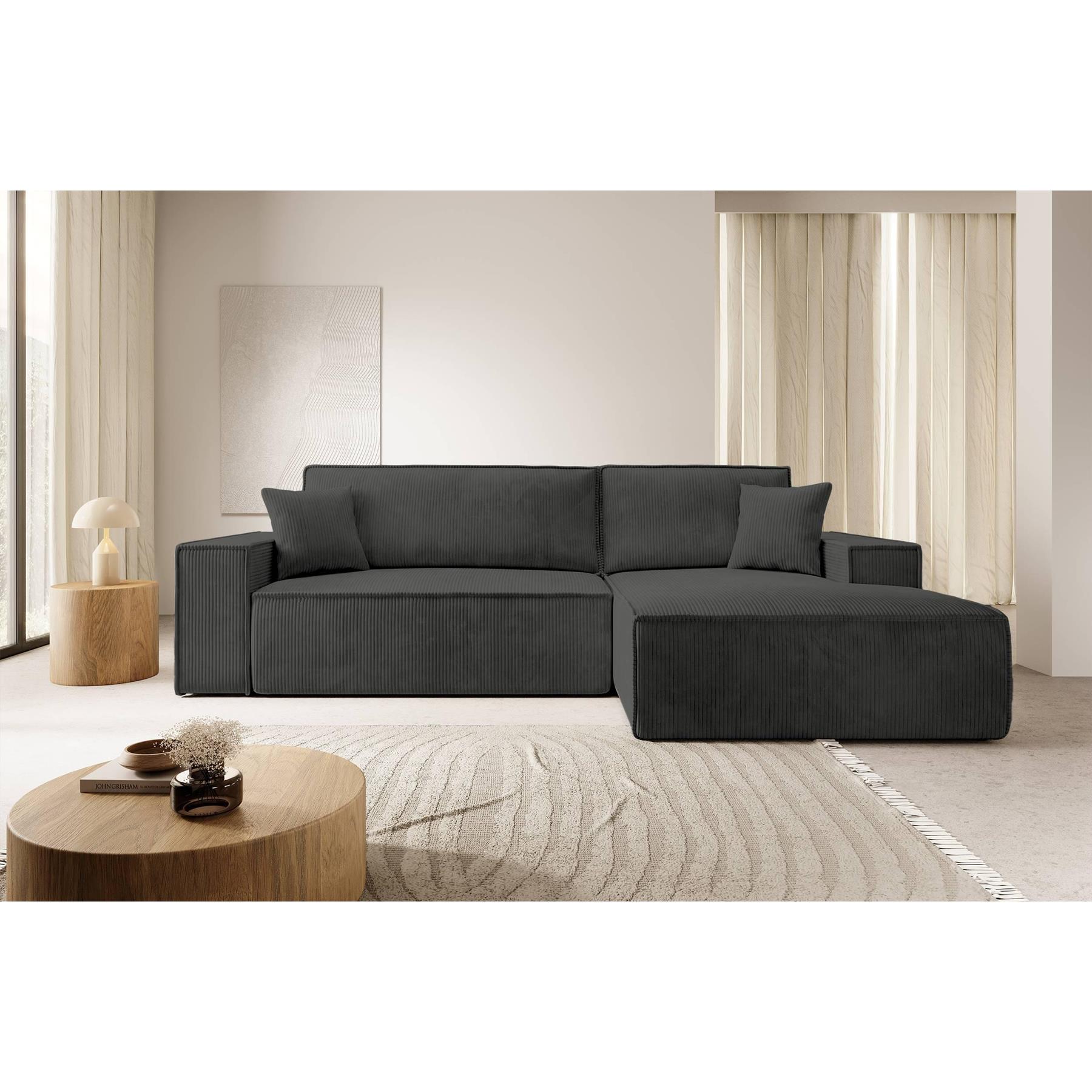 NADUVI Collection Galine Hoekbank met Chaise Longue Rechts met Slaapfunctie - Ribstof - Antraciet