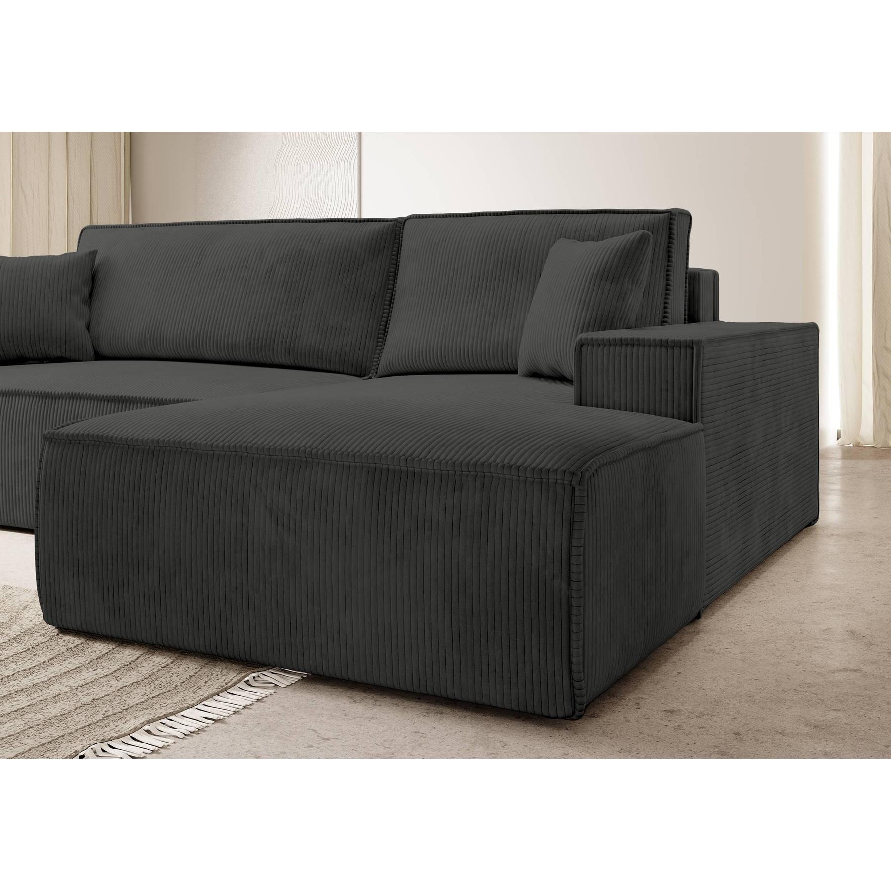 NADUVI Collection Galine Hoekbank met Chaise Longue Rechts met Slaapfunctie - Ribstof - Antraciet