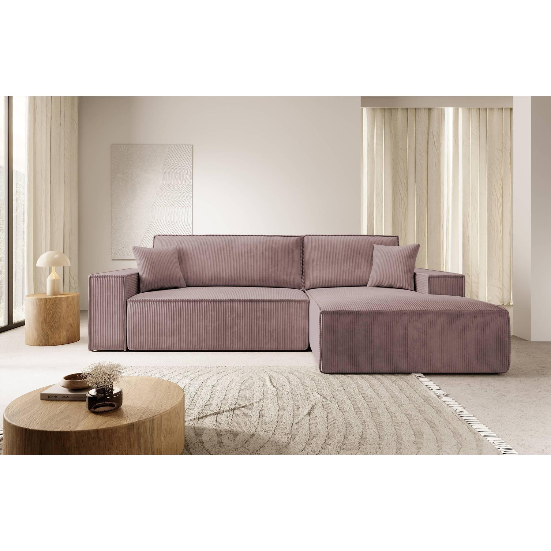NADUVI Collection Galine Hoekbank met Chaise Longue Rechts met Slaapfunctie - Ribstof - Roze