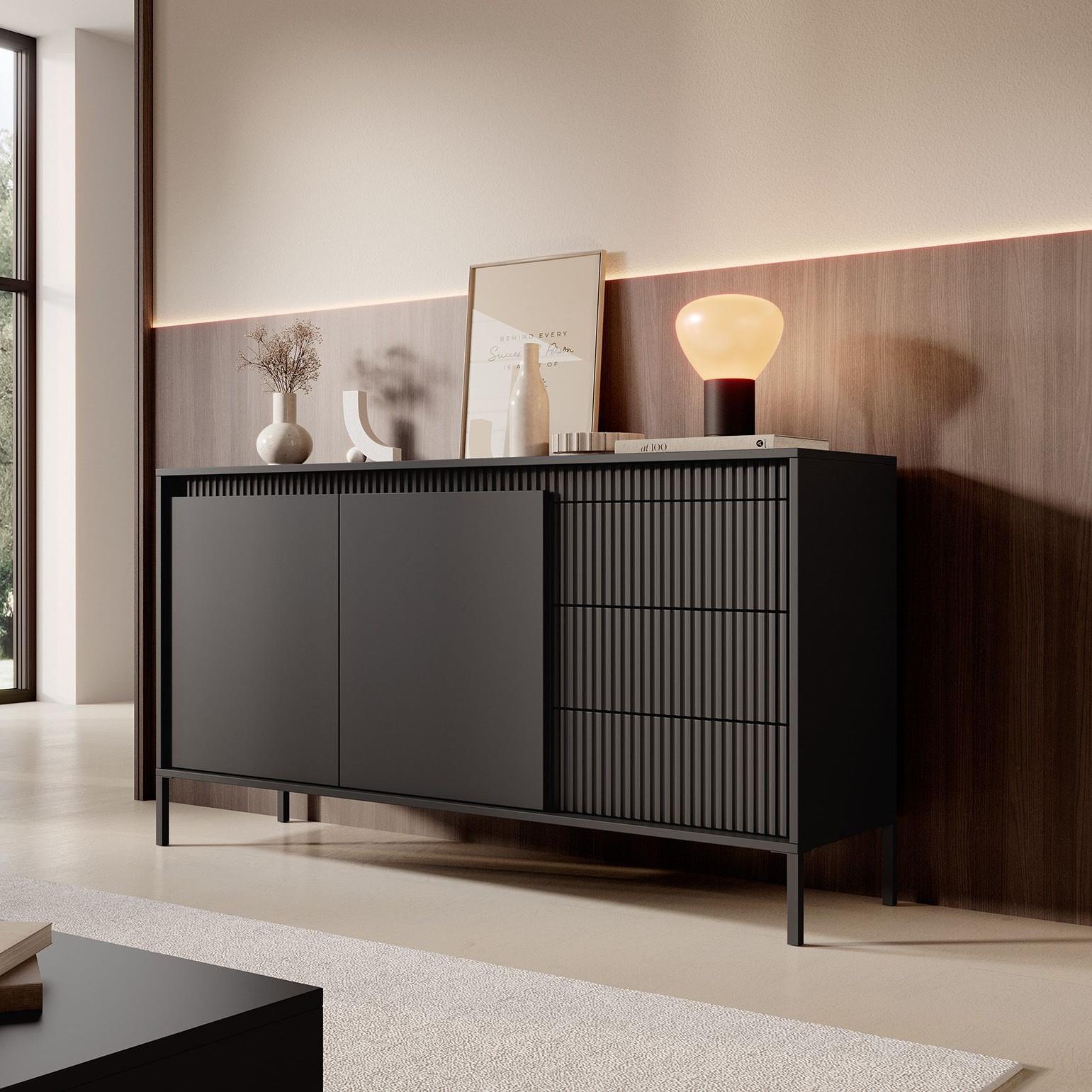 Meubella Dressoir Saran - Mat zwart - 153 cm