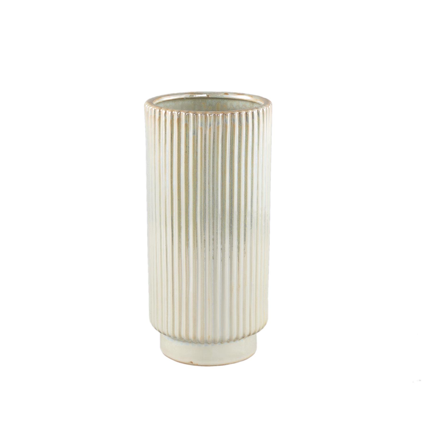 PTMD Eviera Pearl shiny glazed ceramic pot ribbed round
