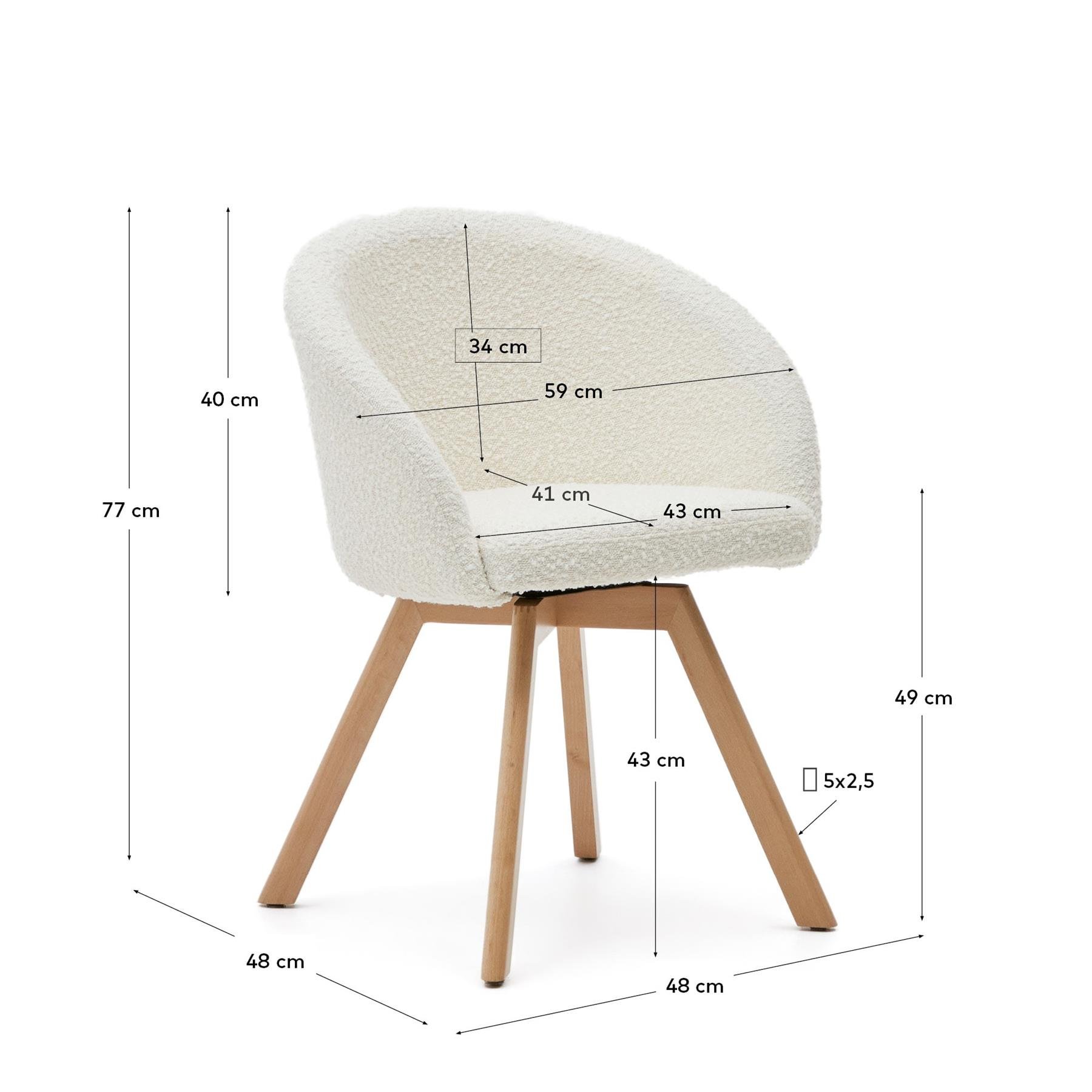 Kave Home - Marvin-draaistoel met witte boucle en massief beukenhouten