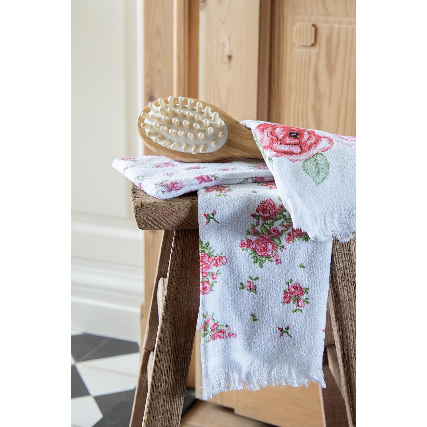 Clayre & Eef Gastendoekje  40x66 cm Wit Roze Katoen Rozen Toilet