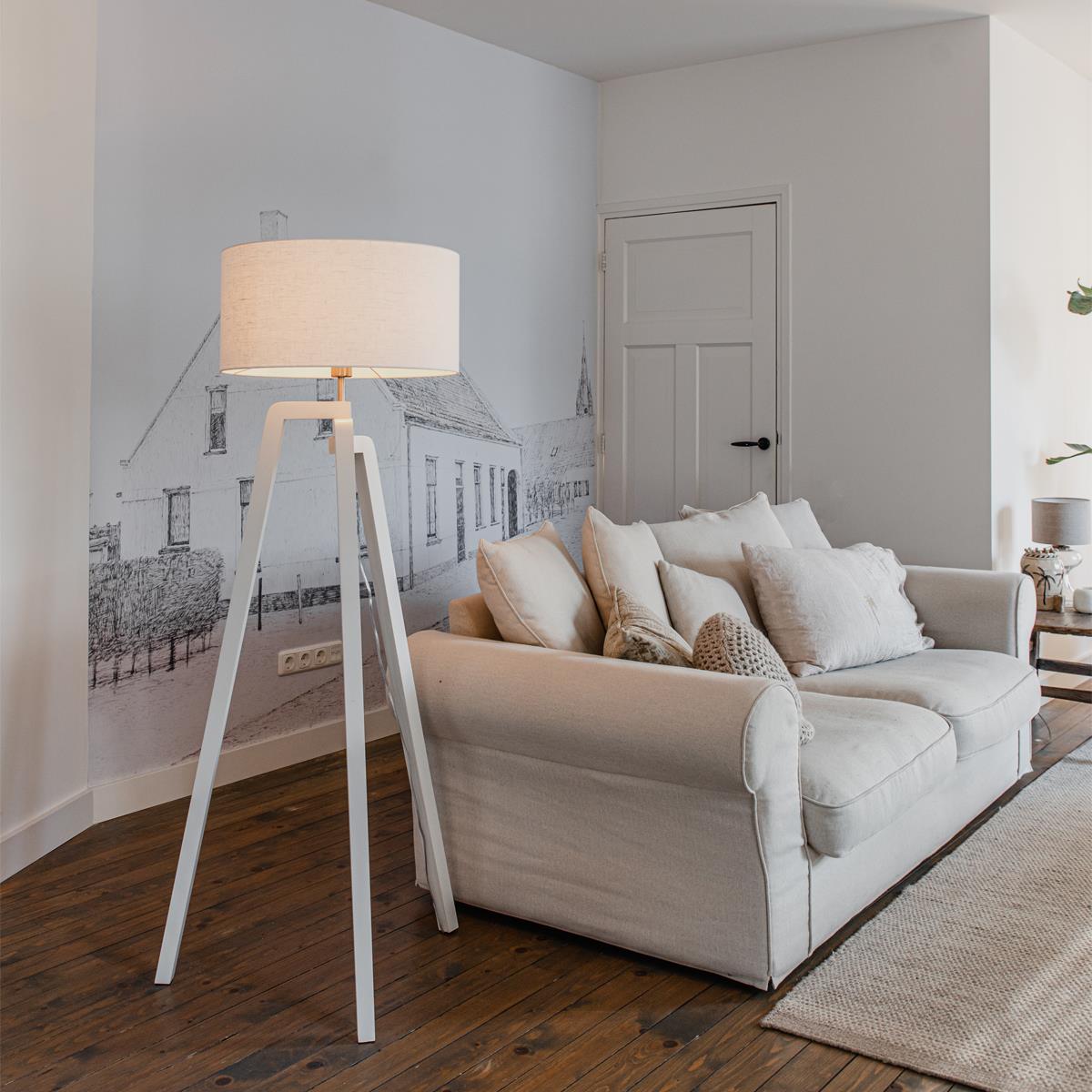QAZQA Vloerlamp tripod wit hout met witte kap 50 cm - Puros