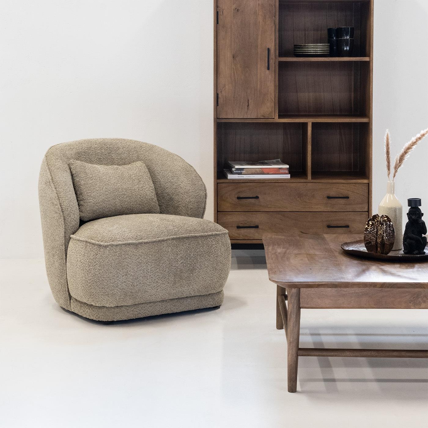 Giga Meubel - Fauteuil Bouclé Taupe - Japandi Stijl - Zithoogte 45cm
