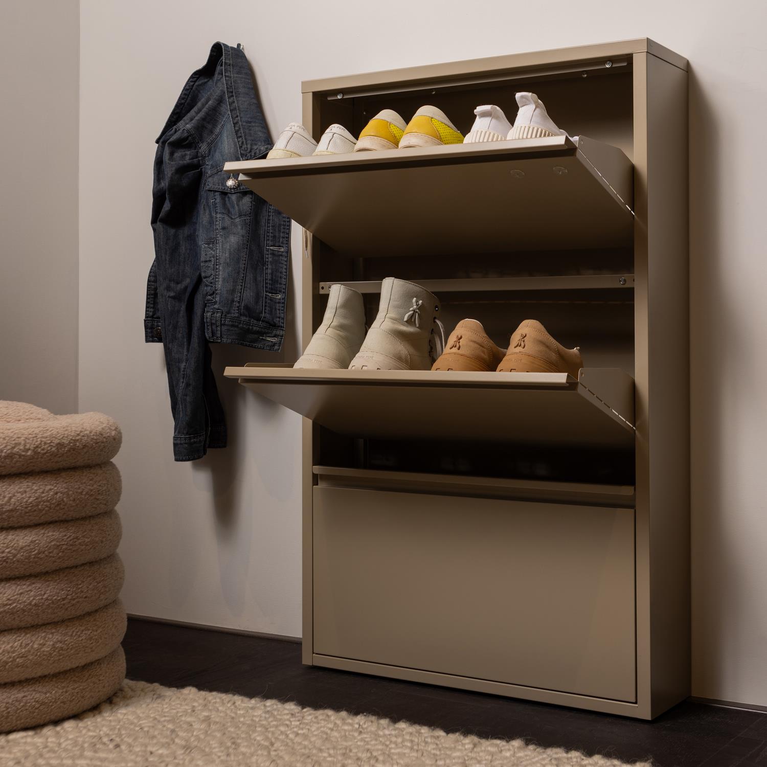 WOOOD Sabine 3-Vaks Schoenenkast - Metaal - Zand - 103x66x16