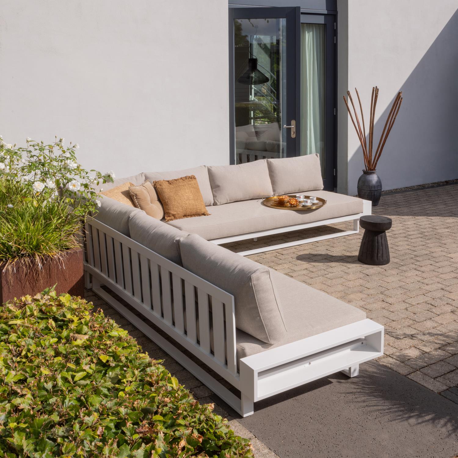 WOOOD Flint Tuinhoekbank - Aluminium - Wit|Naturel - 80x308x308