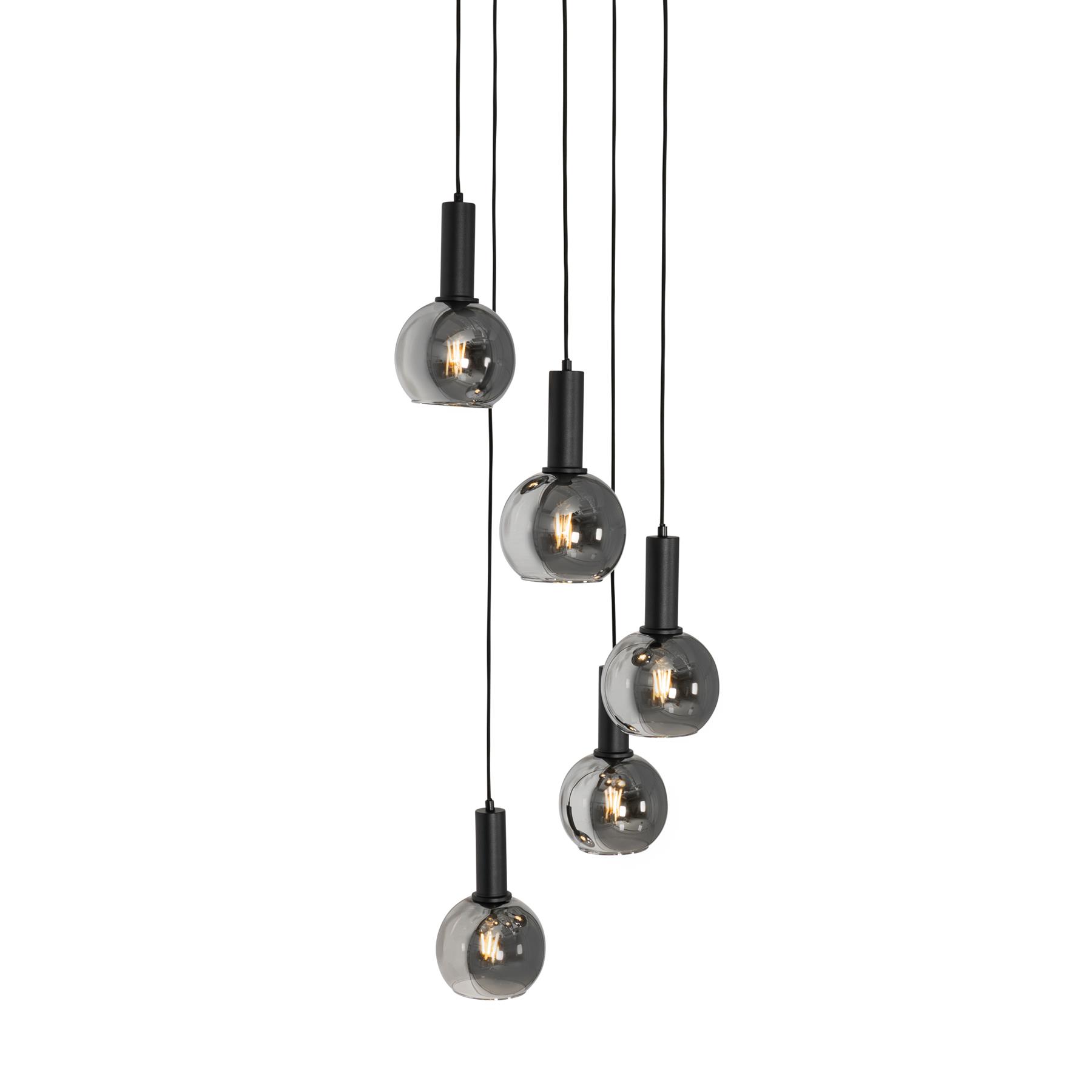 QAZQA Art Deco hanglamp zwart met smoke glas rond 5-lichts - Josje