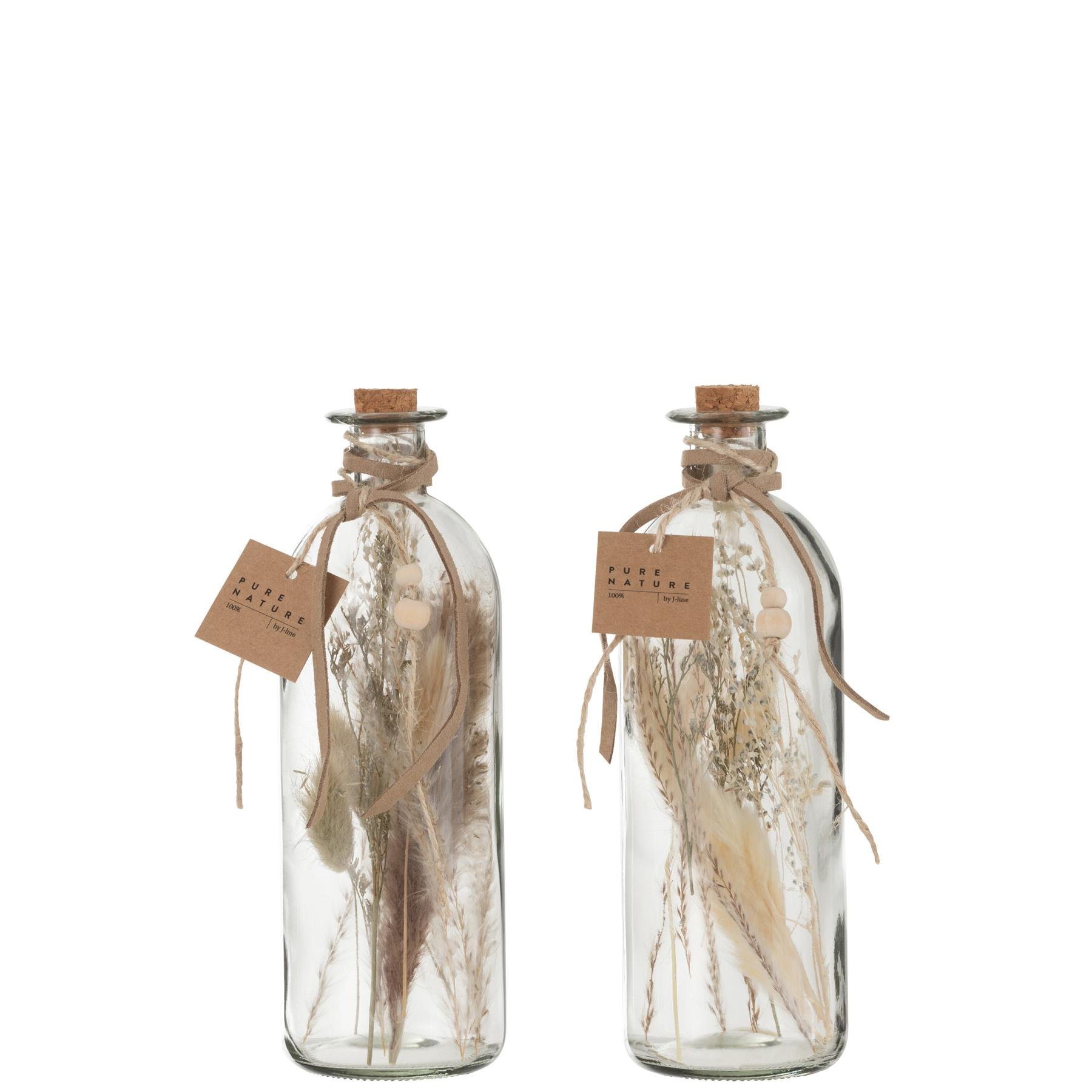 J-Line decoratie fles Gedroogde Bloemen - glas - naturel - large - 2 stuks
