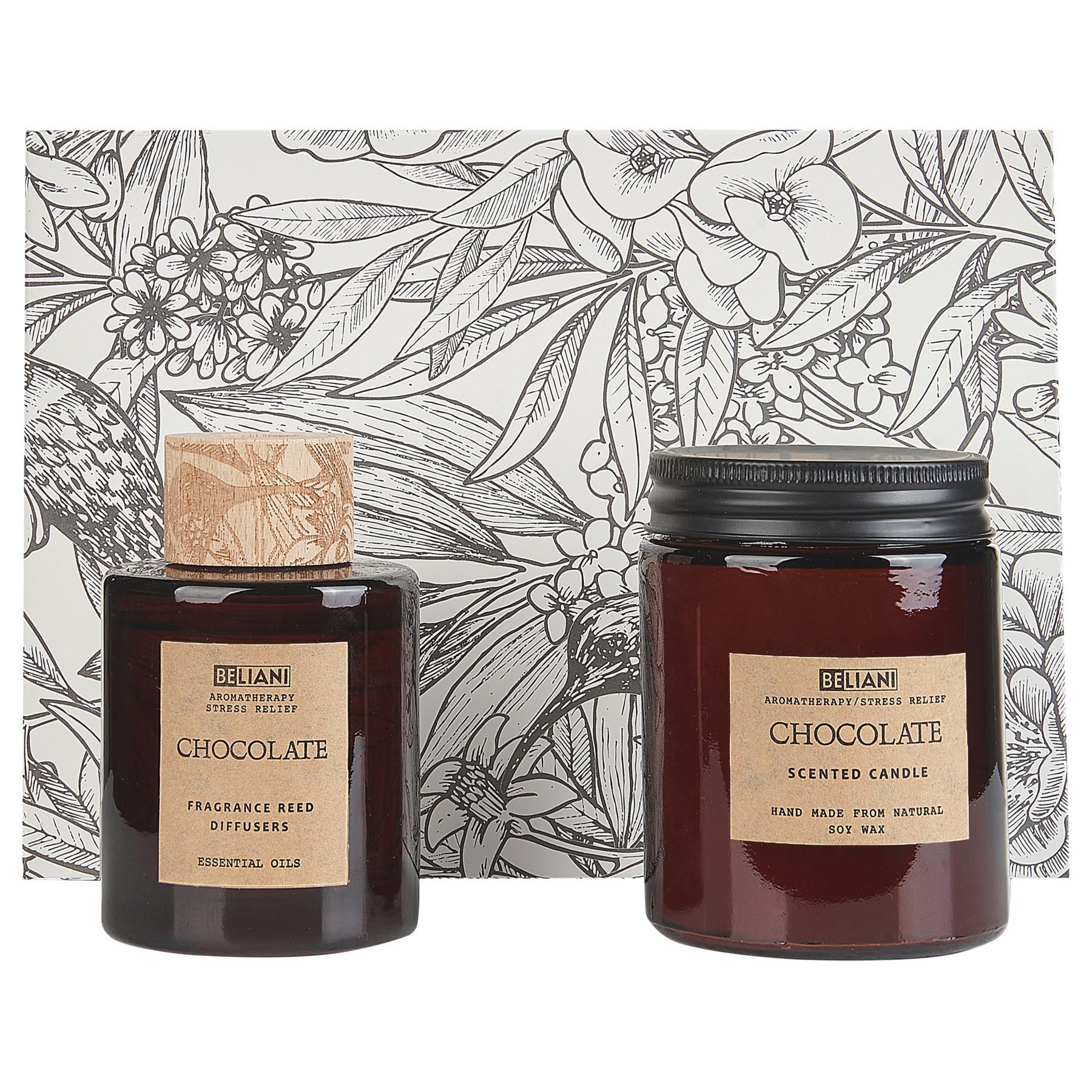 Beliani-DARK ELEGANCE-Geurkaars met geurstokjes-Chocolade-Soja wax