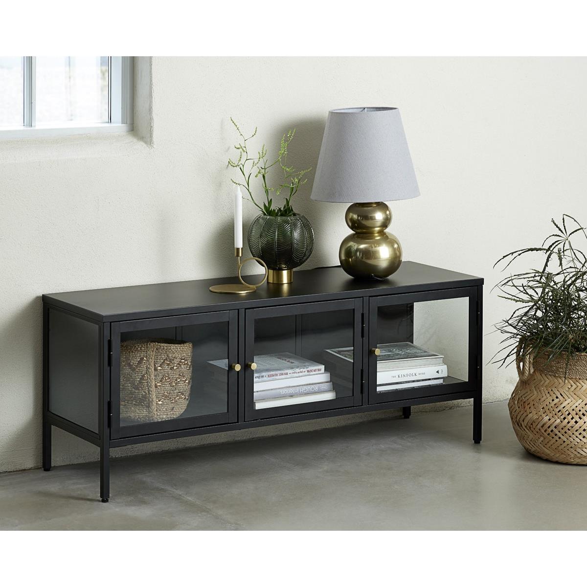 Olivine Carrie TV meubel Zwart - Metaal - Glas - B 132 cm
