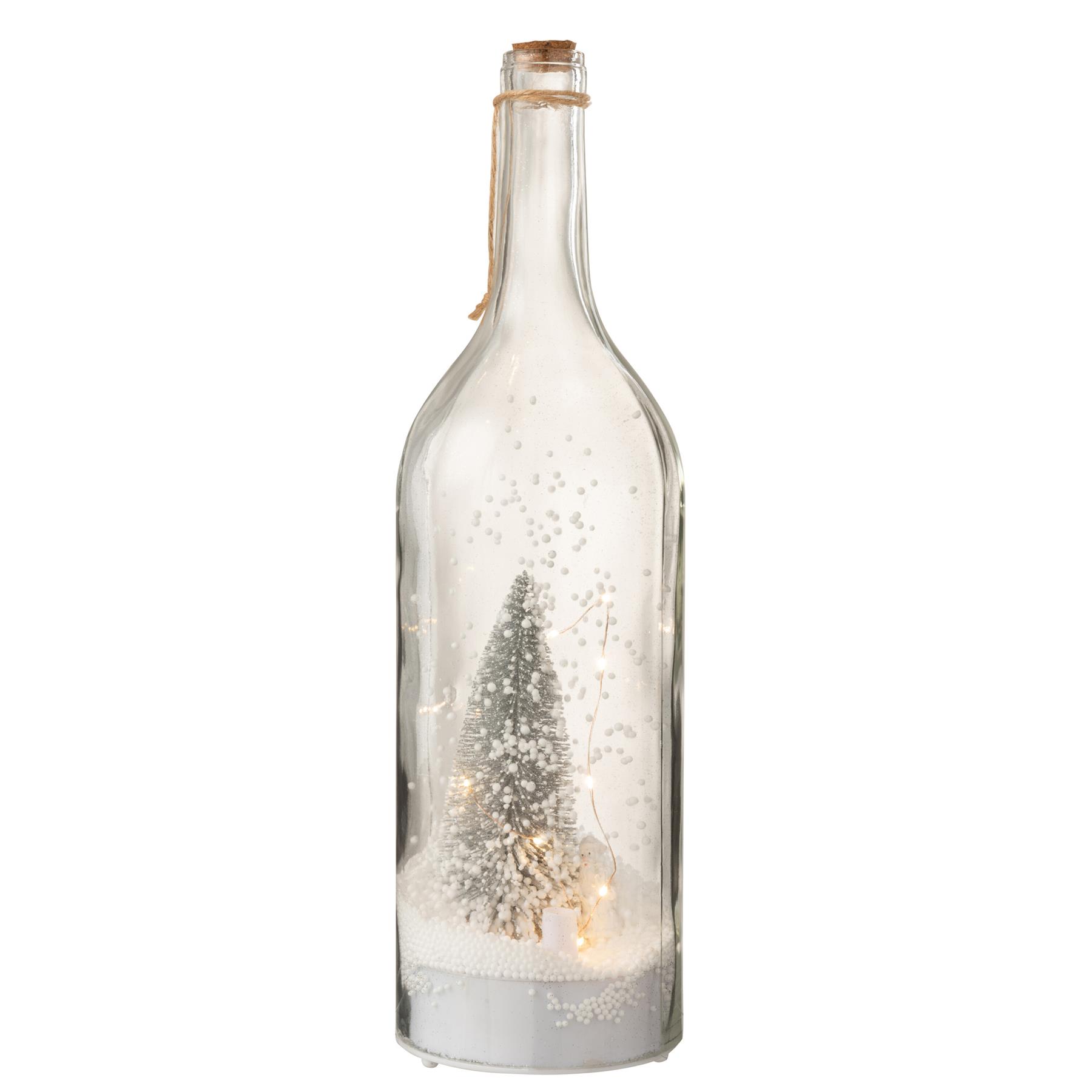 J-Line decoratie Fles Kerst Sneeuw - glitter - zilver - LED lichtjes