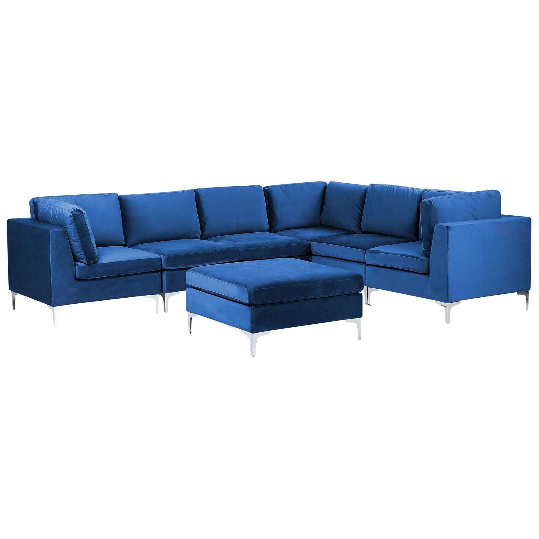 Beliani-EVJA-Hoekbank met ottomaan-Marineblauw-Linkerzijde-Fluweel