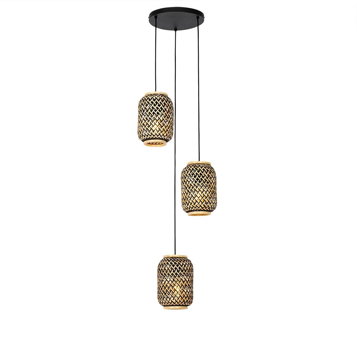 QAZQA Oosterse hanglamp bamboe met zwart 3-lichts - Yvonne