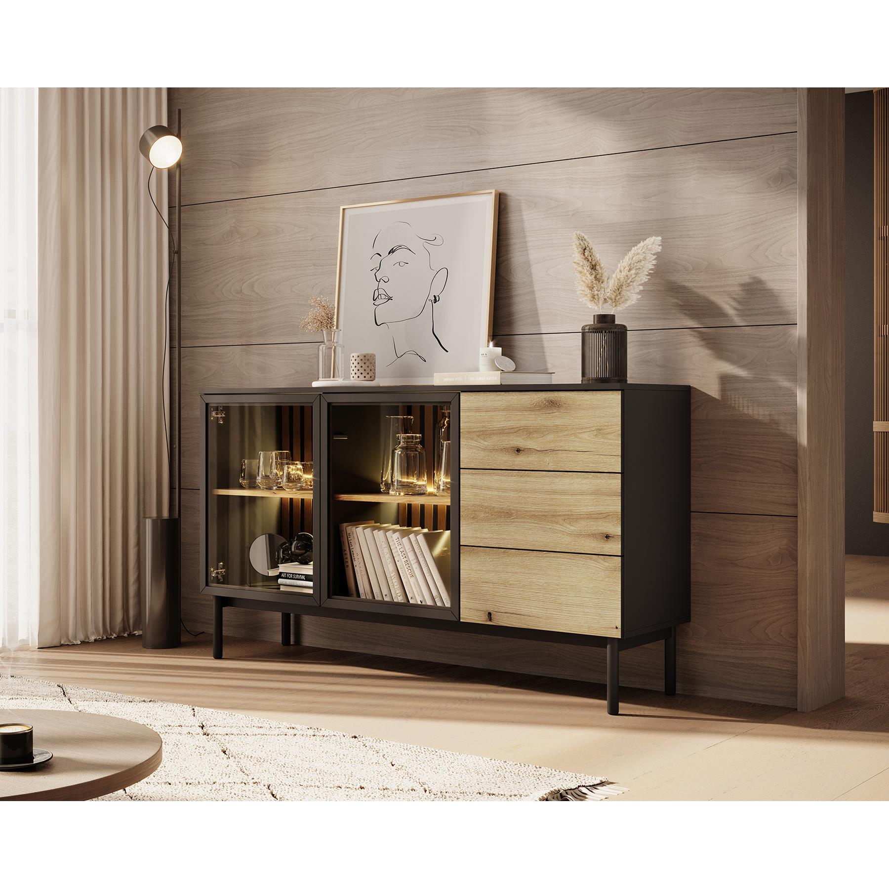 Meubella Dressoir Ludwig - Zwart - Eiken - 150 cm