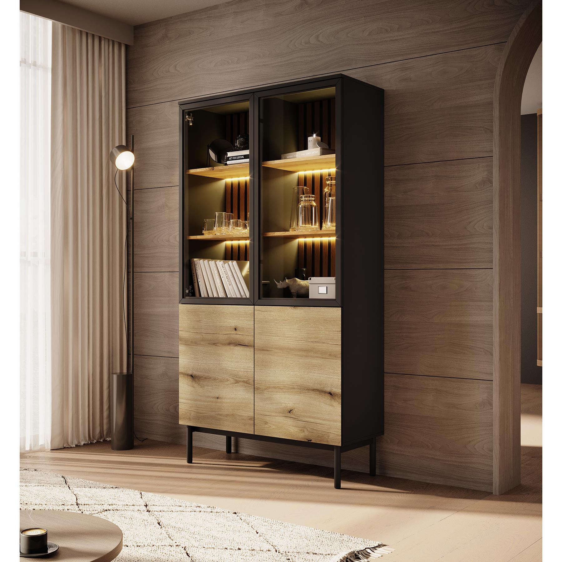 Meubella Vitrinekast Ludwig - Zwart - Eiken - 100 cm - Hoog