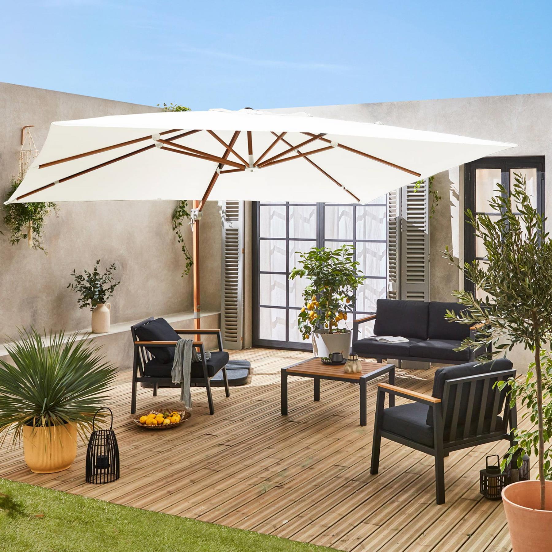 sweeek - Rechthoekige parasol 3x4m, 360° draaibaar, verzwaarde tegels