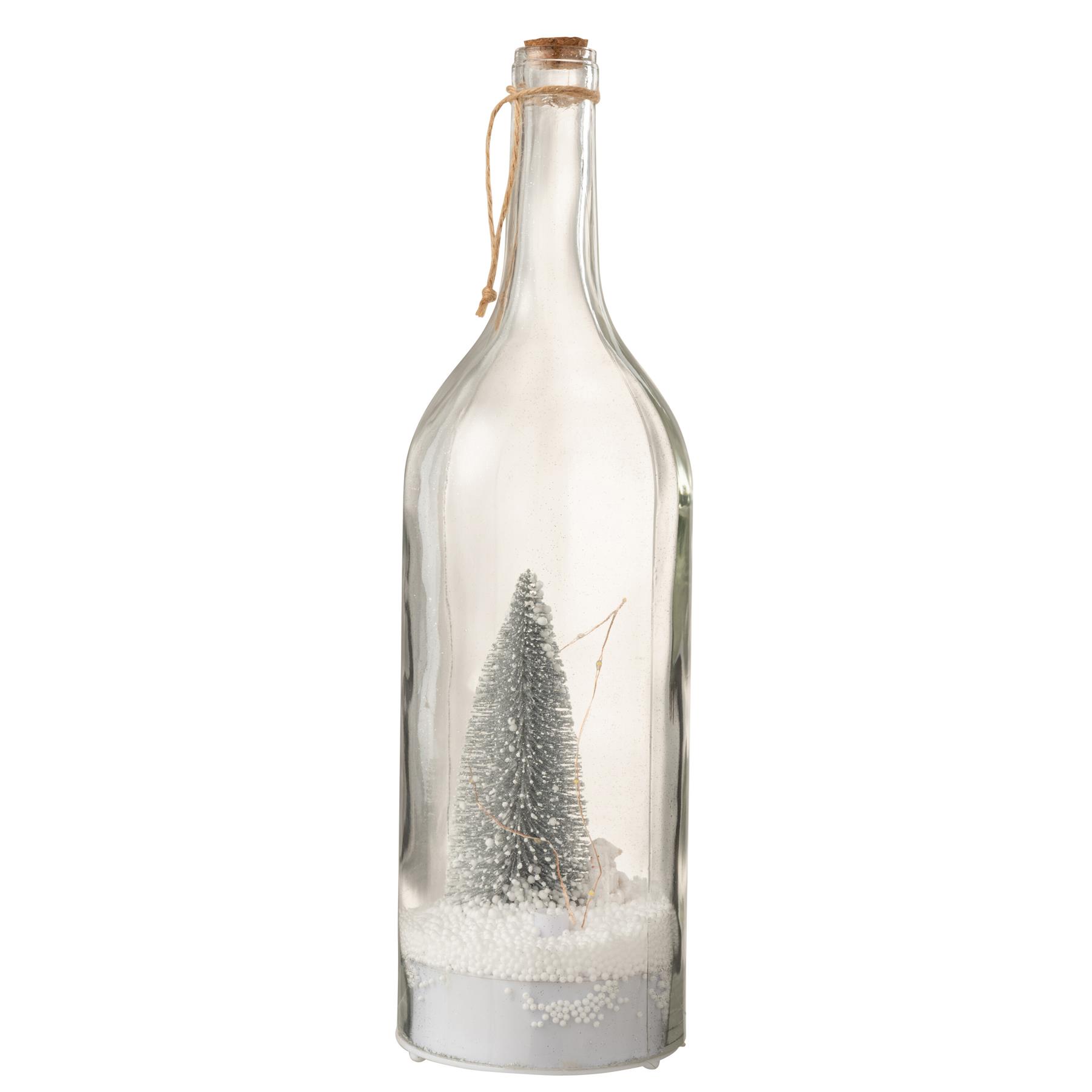 J-Line decoratie Fles Kerst Sneeuw - glitter - zilver - LED lichtjes