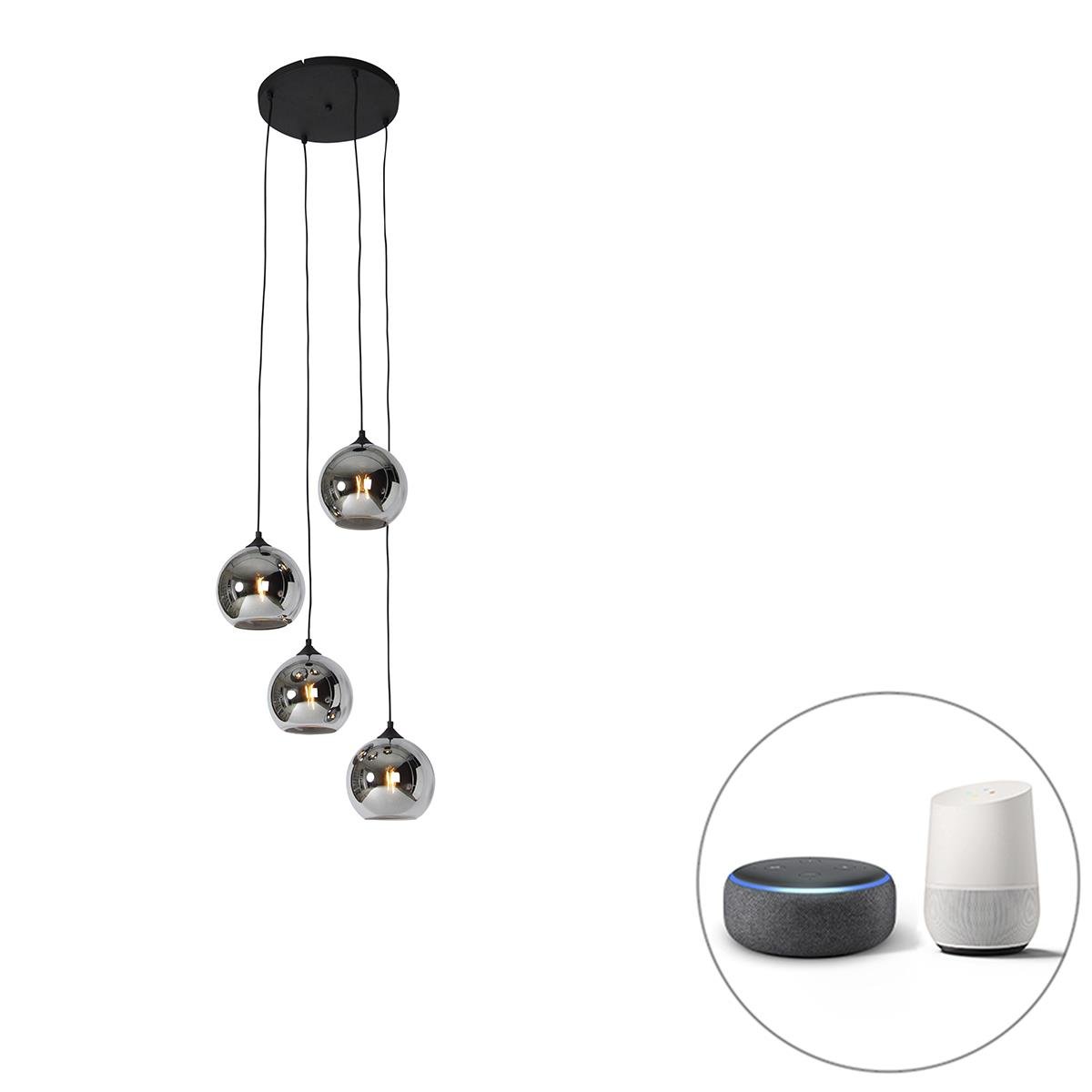 QAZQA Smart hanglamp zwart met smoke glas incl. 4 Wifi A60 - Wallace