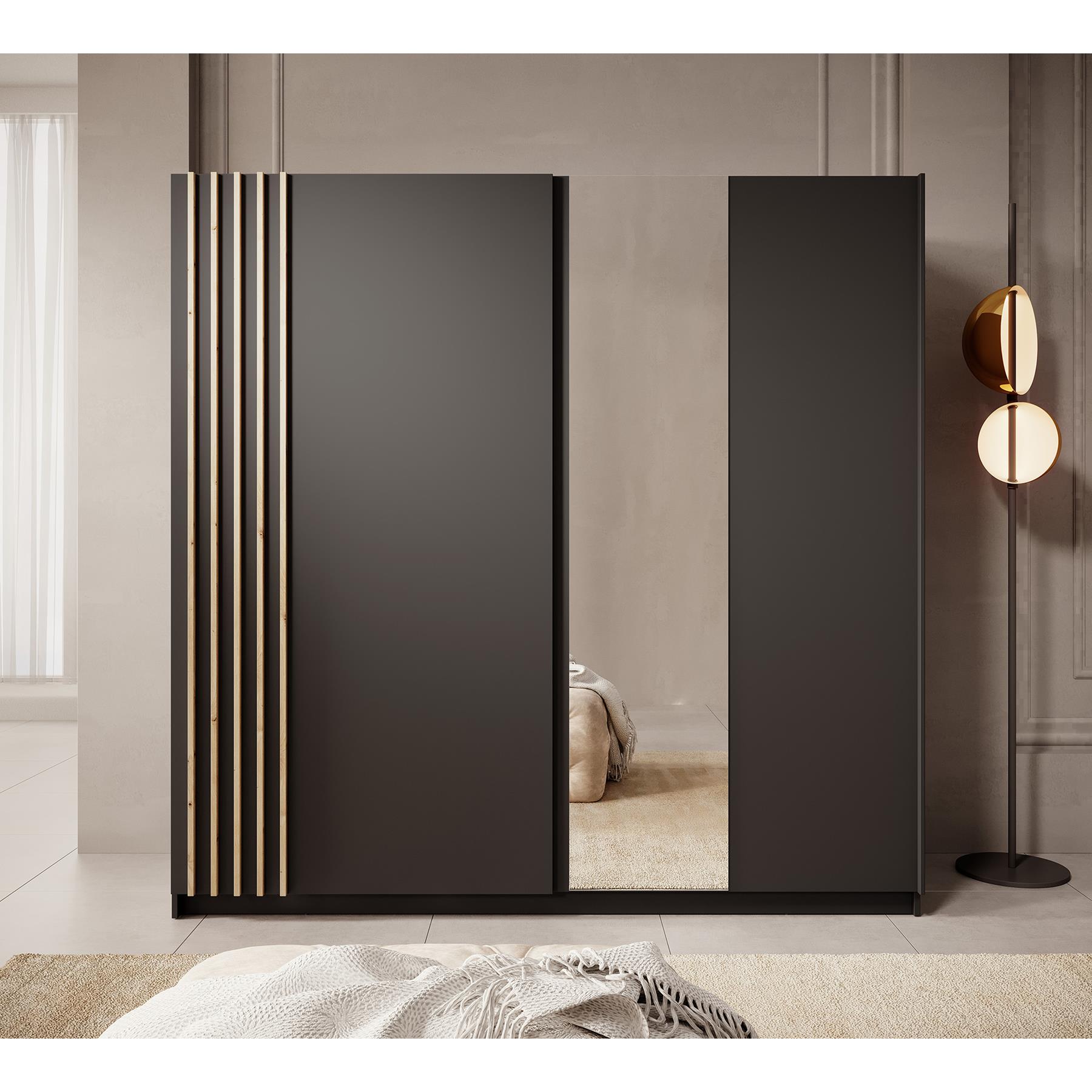 Meubella Kledingkast Boets - Zwart - Eiken - 200 cm - Met spiegel