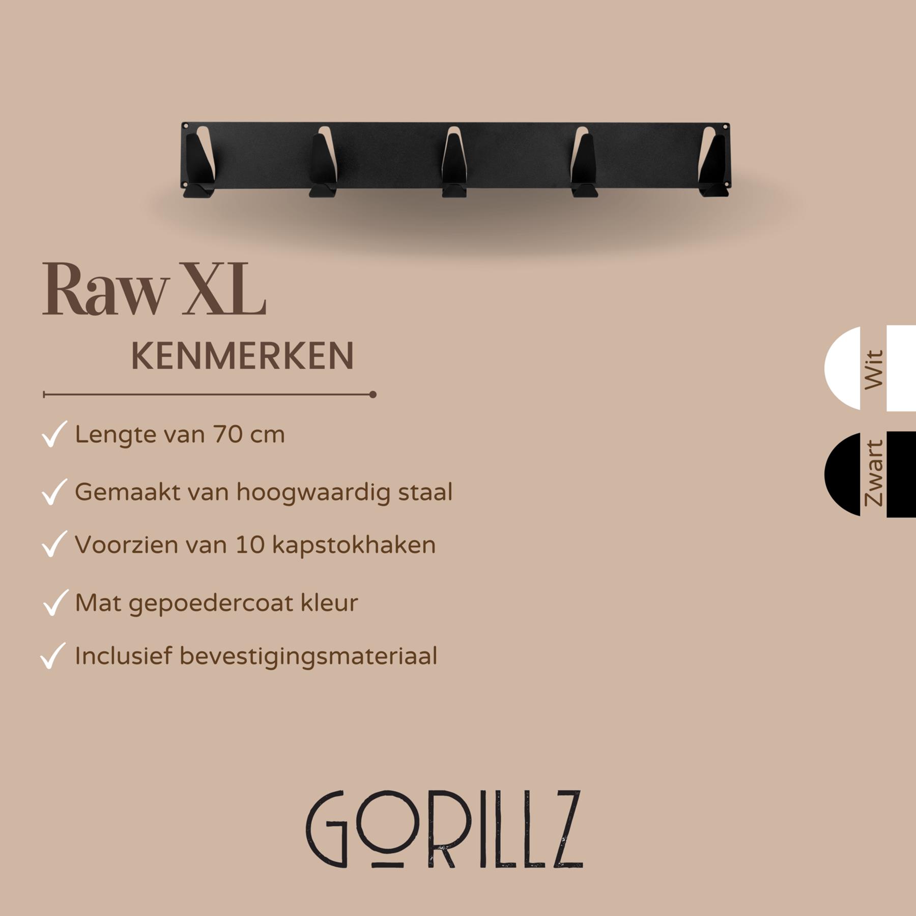Gorillz Raw XL - Wandkapstok - 10 Kapstok Haken - Zwart