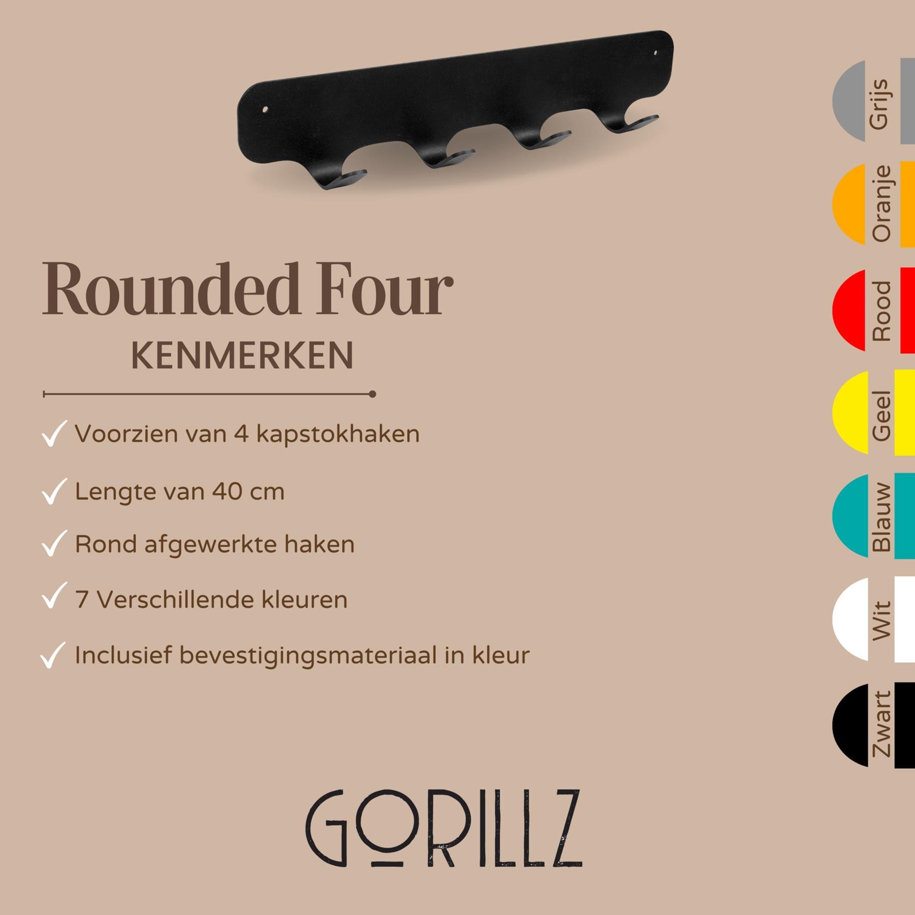 Gorillz Rounded Four - Wandkapstok - 40x6x7,8cm - Zwart