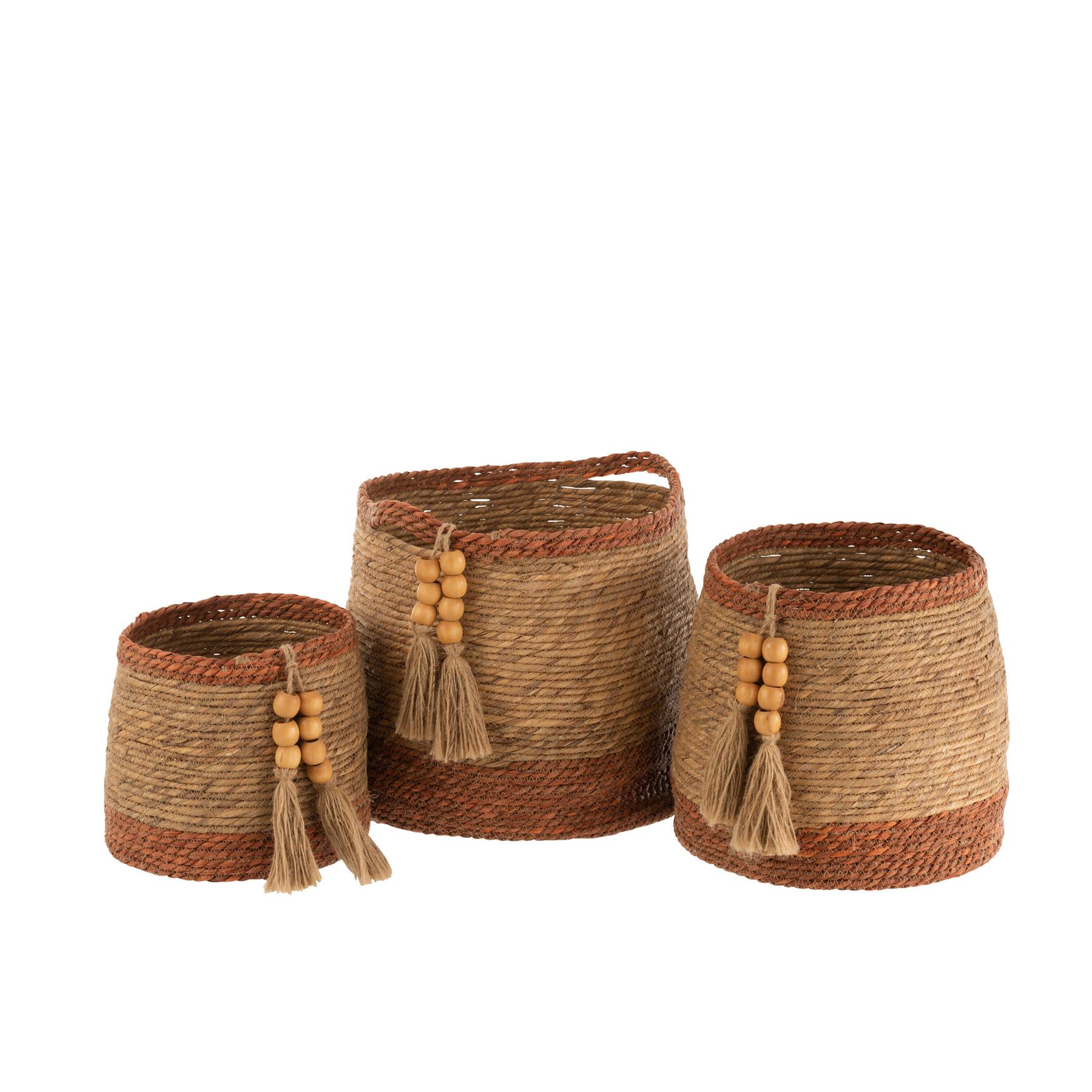 J-Line - Set Van 3 Manden Rond Parel Naturel|bruin - 39x39x35cm