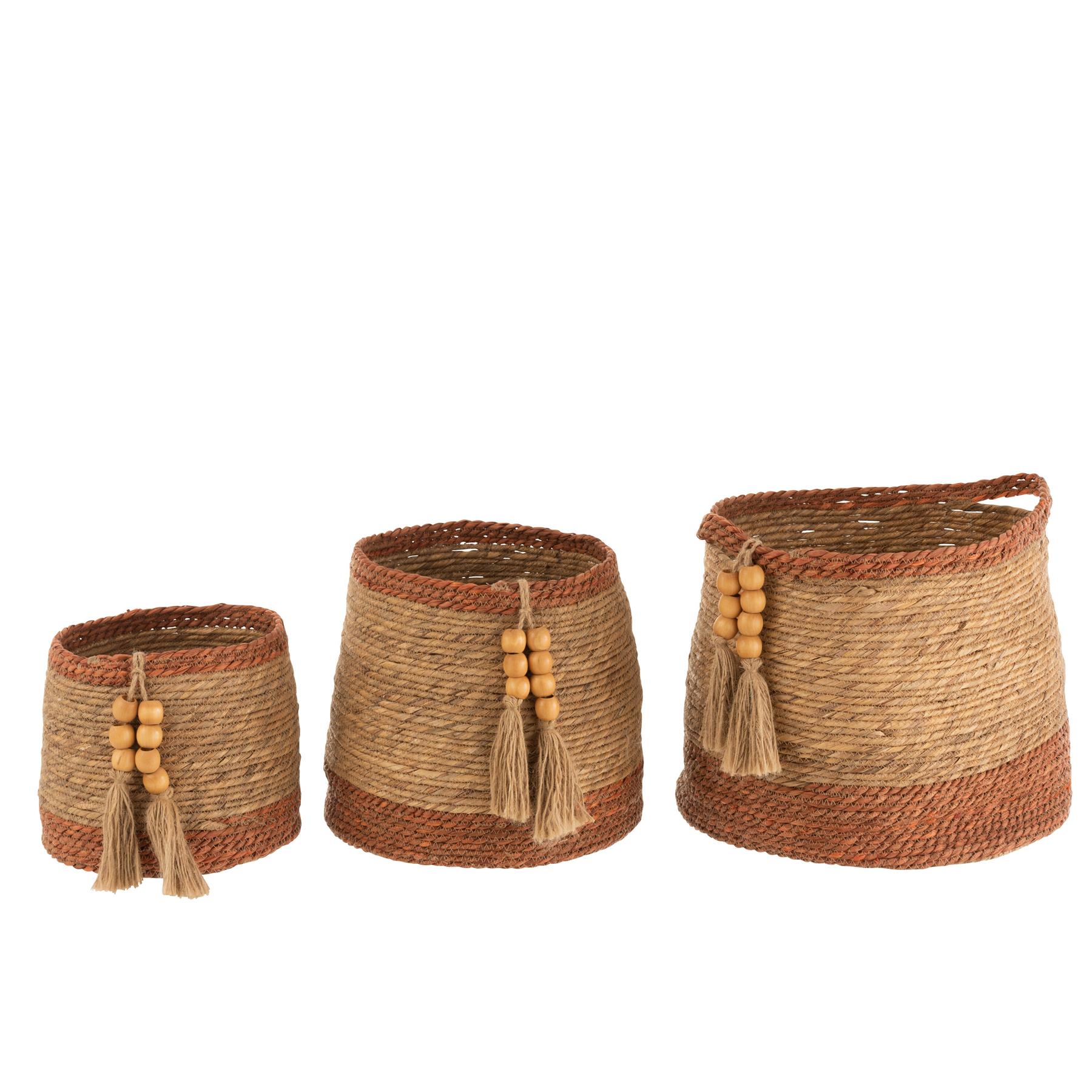 J-Line - Set Van 3 Manden Rond Parel Naturel|bruin - 39x39x35cm