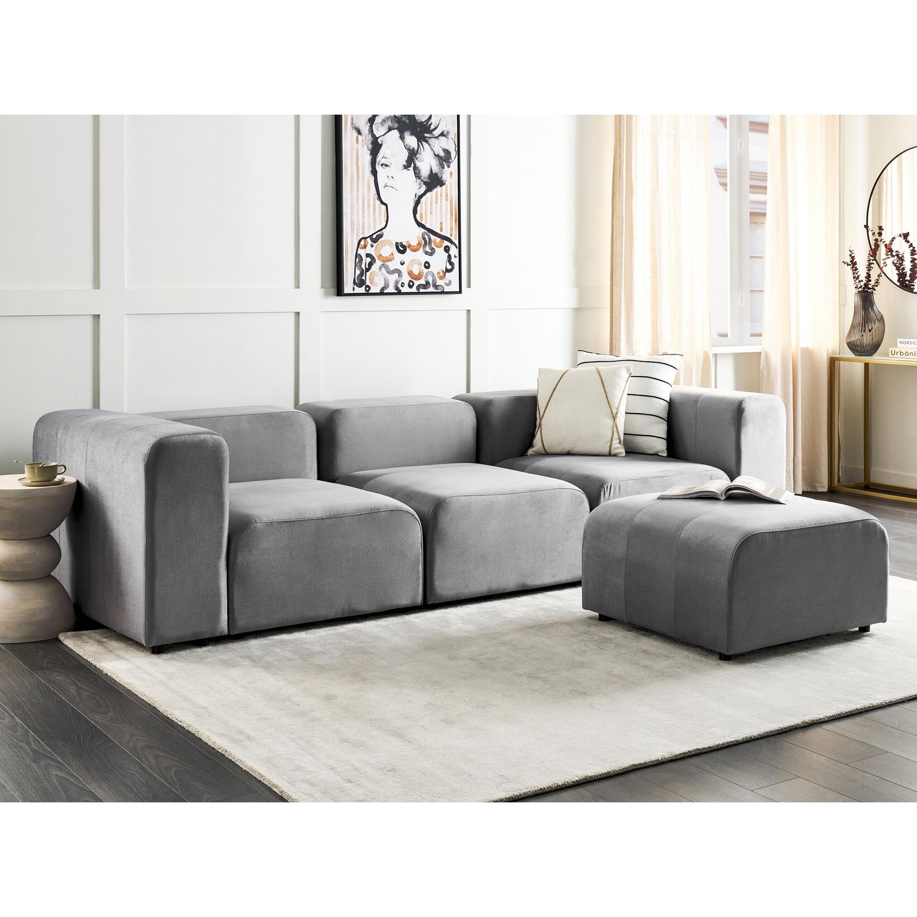 Beliani-FALSTERBO-Modulaire driezitsbank met ottomaan-Grijs-Fluweel