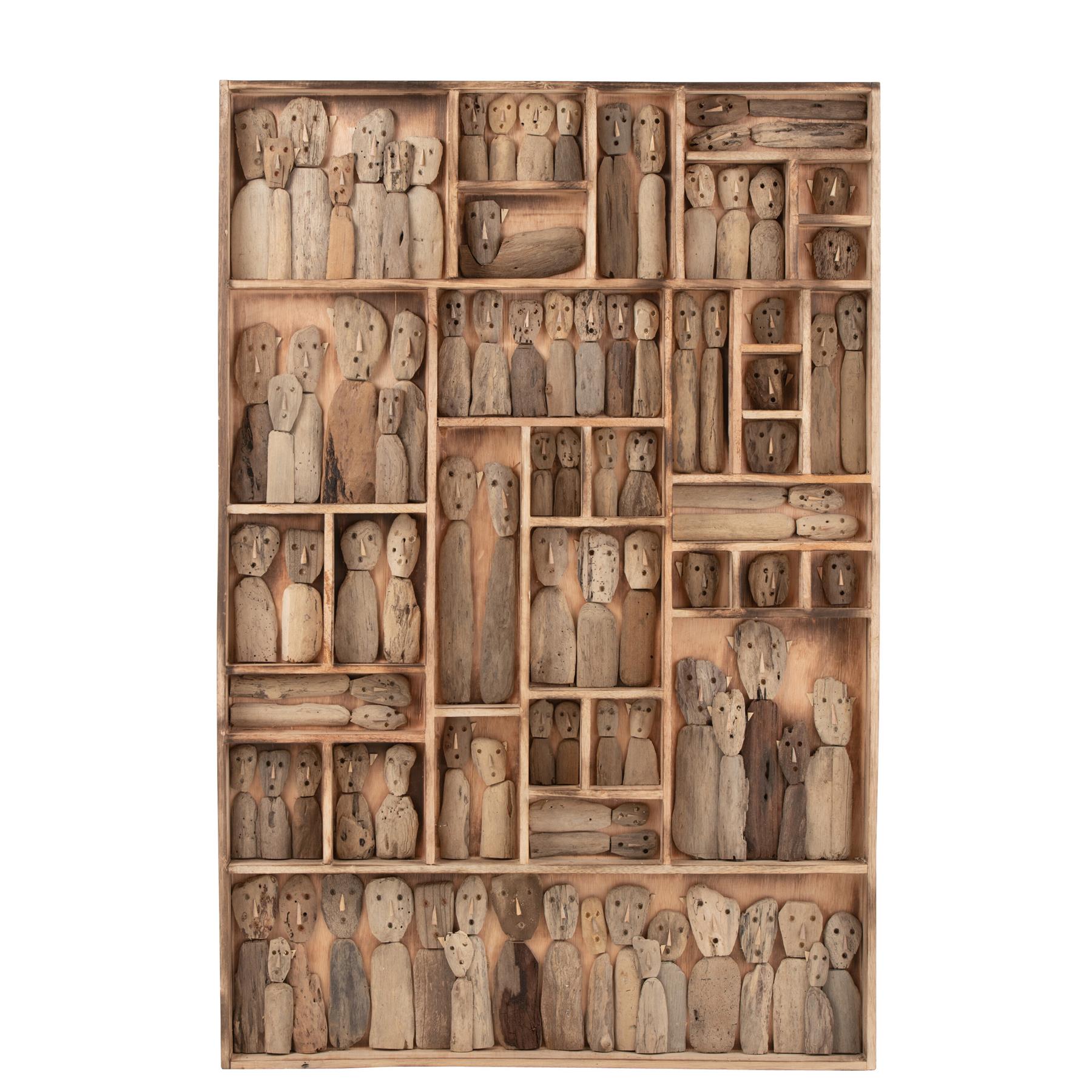 J-Line wanddecoratie Familie Masks Vakjes - hout - naturel - large