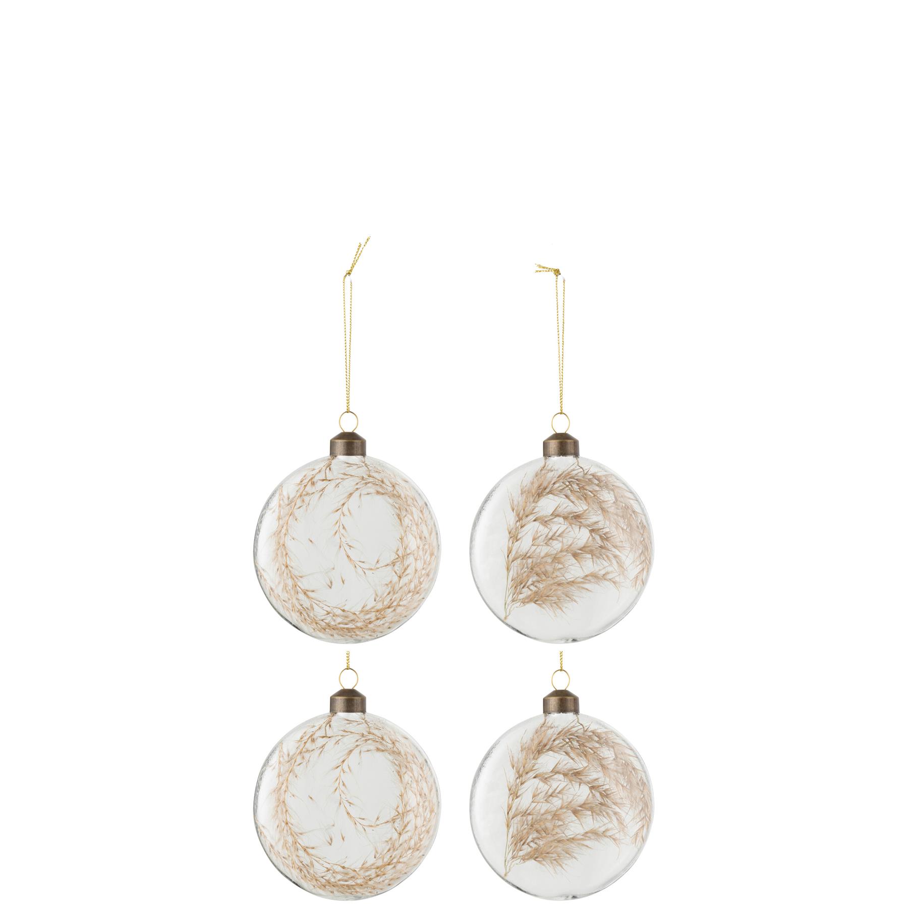 J-Line Doos Van 4 Kerstballen Rond Plat 2+2 Gedroogde Pampas Glas T
