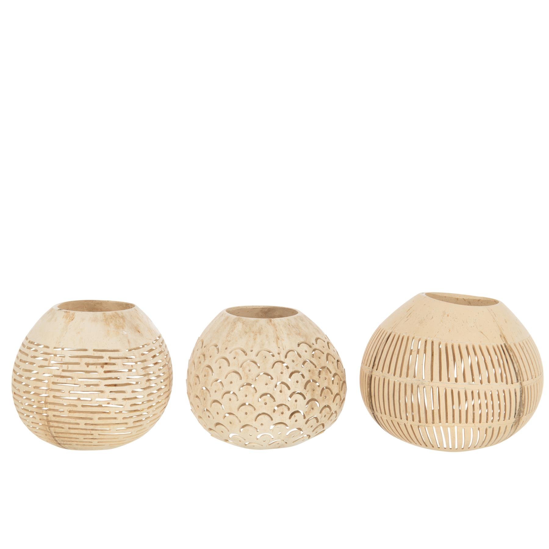 J-Line theelichthouder Kokosnoot Lijnen - jute - naturel - 3 stuks