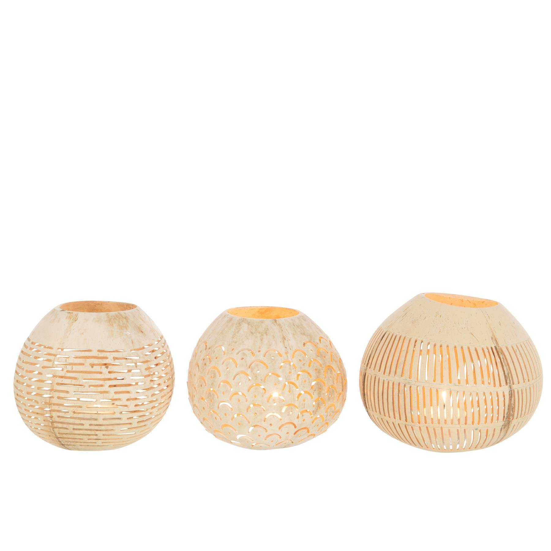J-Line theelichthouder Kokosnoot Lijnen - jute - naturel - 3 stuks