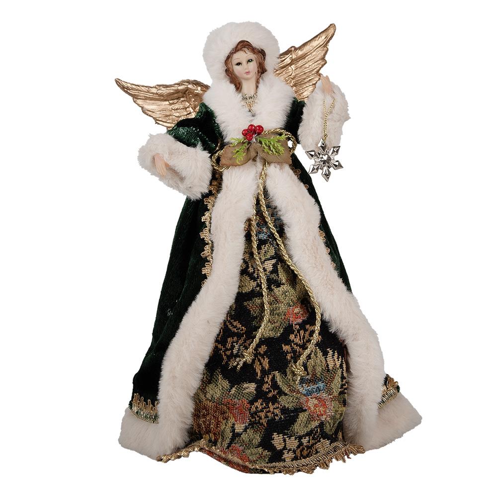 Clayre & Eef Kerstdecoratie Beeld Engel 28 cm Beige Groen Textiel op