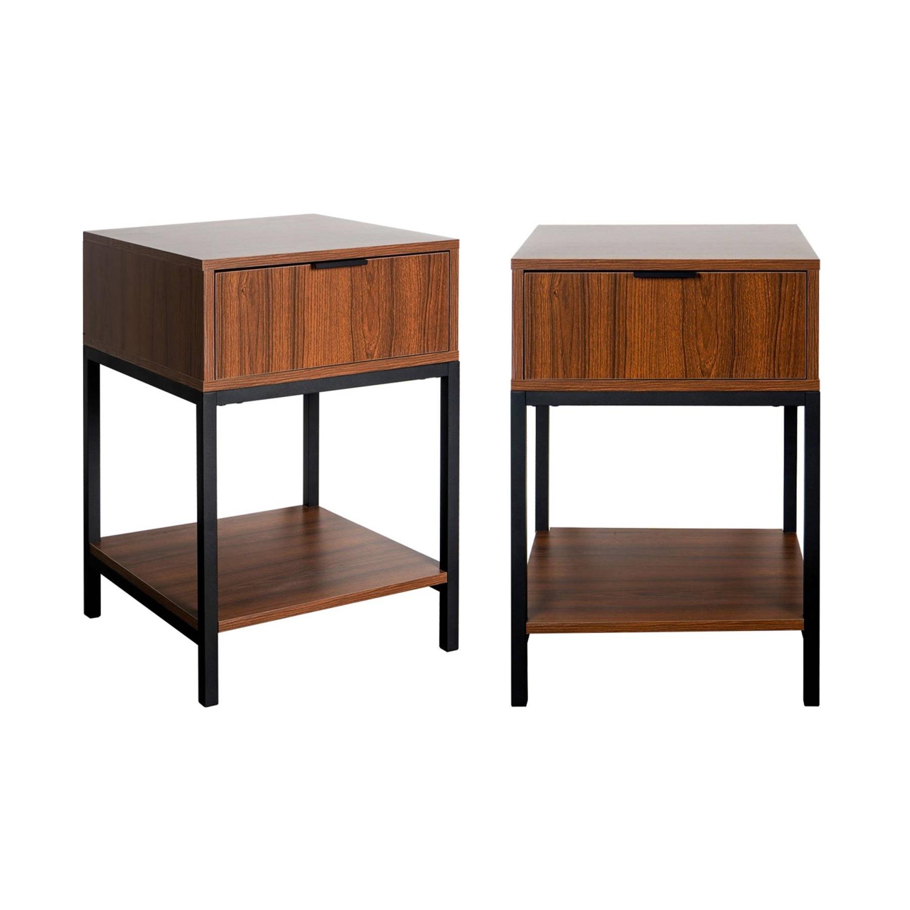 sweeek - Nachtkastje van walnootkleurig hout en zwart metaal, 1 lade