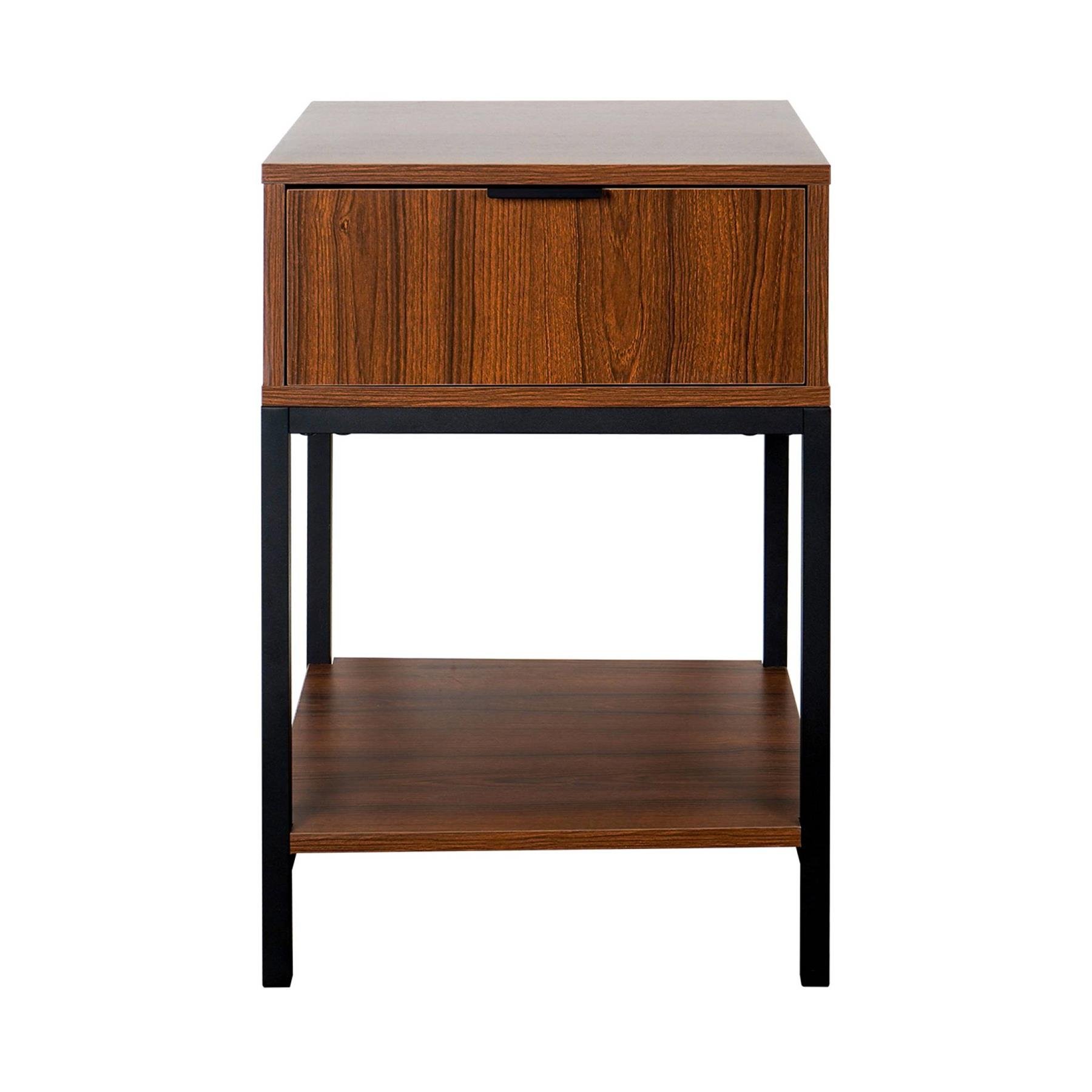 sweeek - Nachtkastje van walnootkleurig hout en zwart metaal, 1 lade