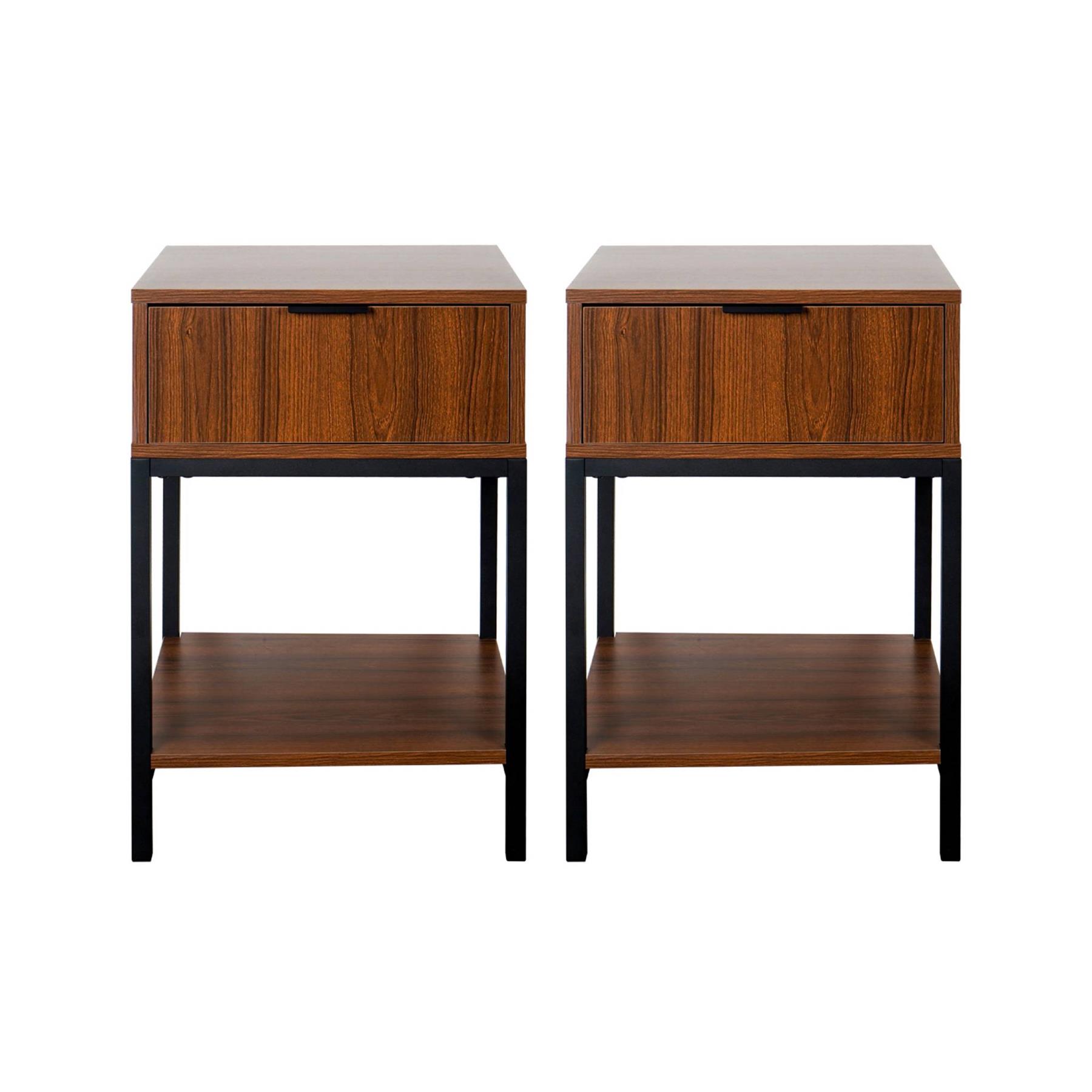 sweeek - Nachtkastje van walnootkleurig hout en zwart metaal, 1 lade