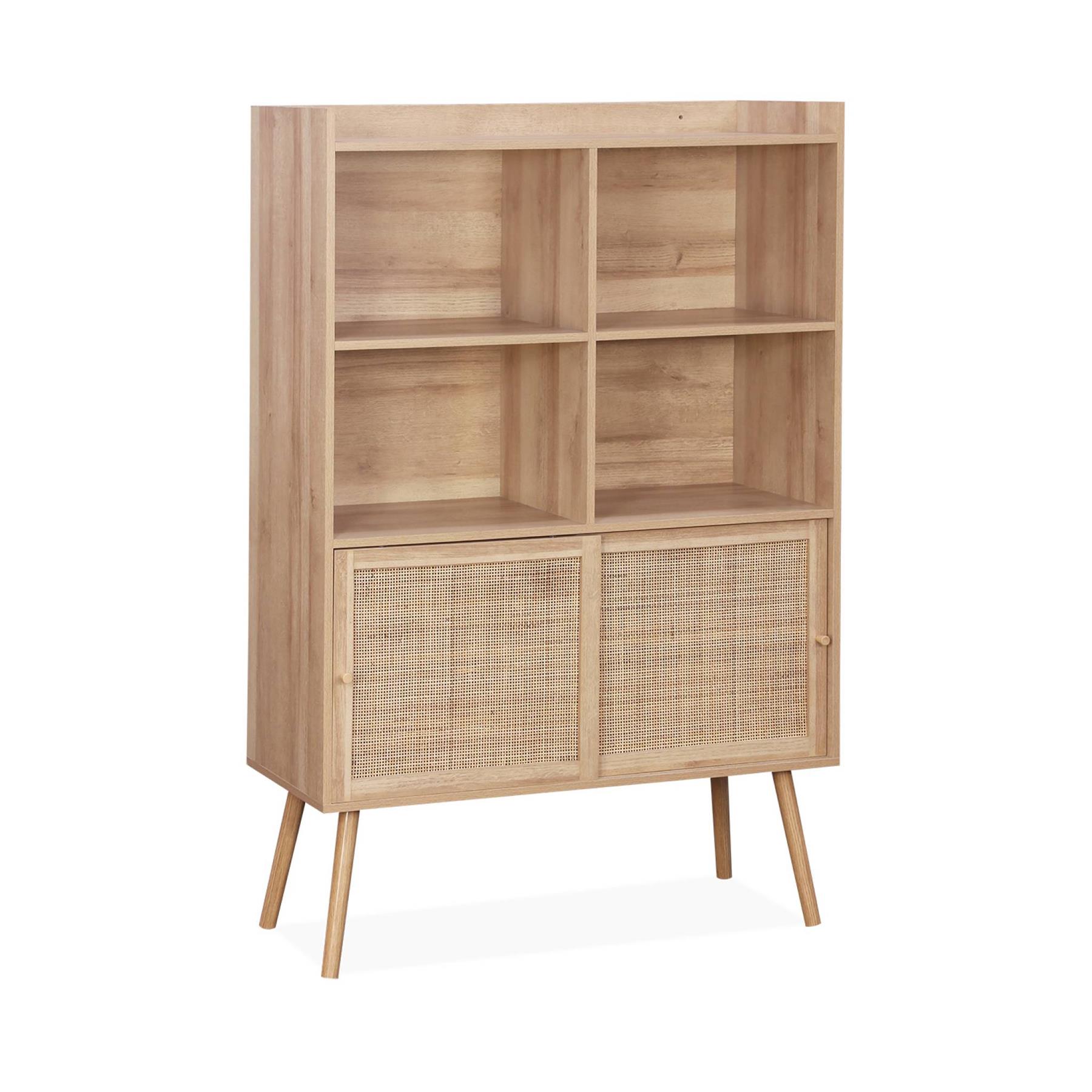 sweeek - Boekenkast 5 planken, schuifdeuren, effect hout en rotan