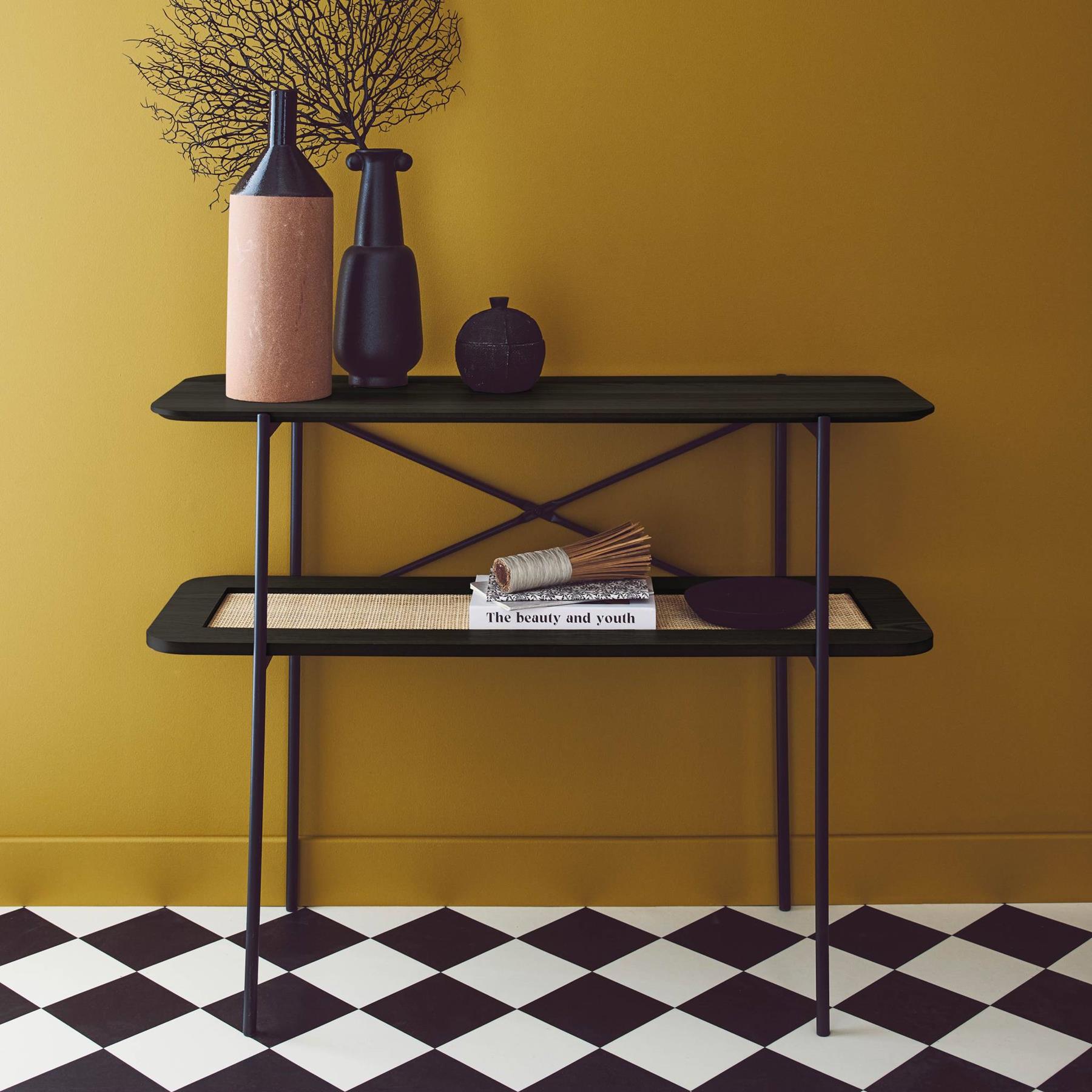 sweeek - Bijzettafel vintage met effect hout en vlechtwerk, dubbele