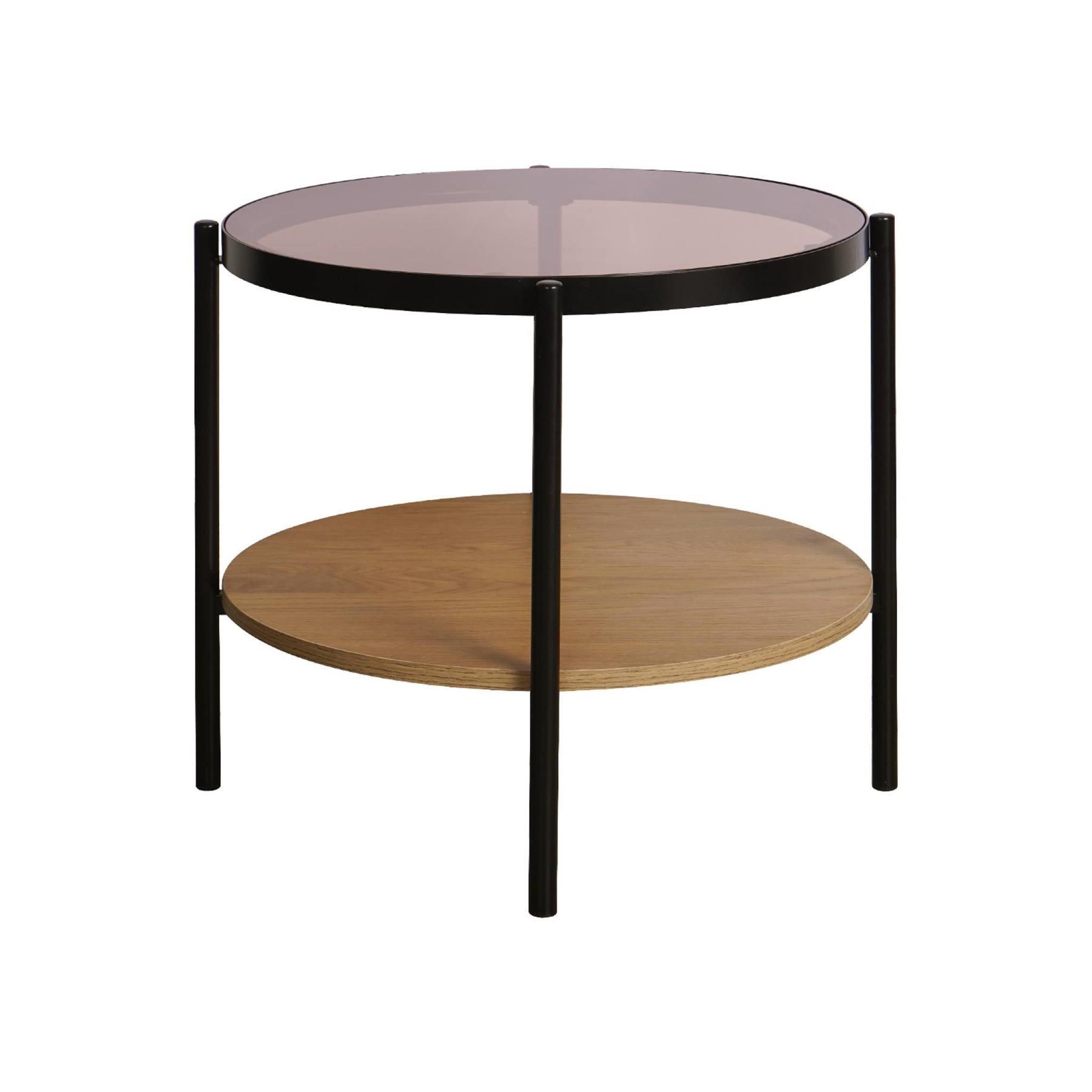 sweeek - Ronde bijzettafel in gehard glas, hout- en metaaleffect zwart