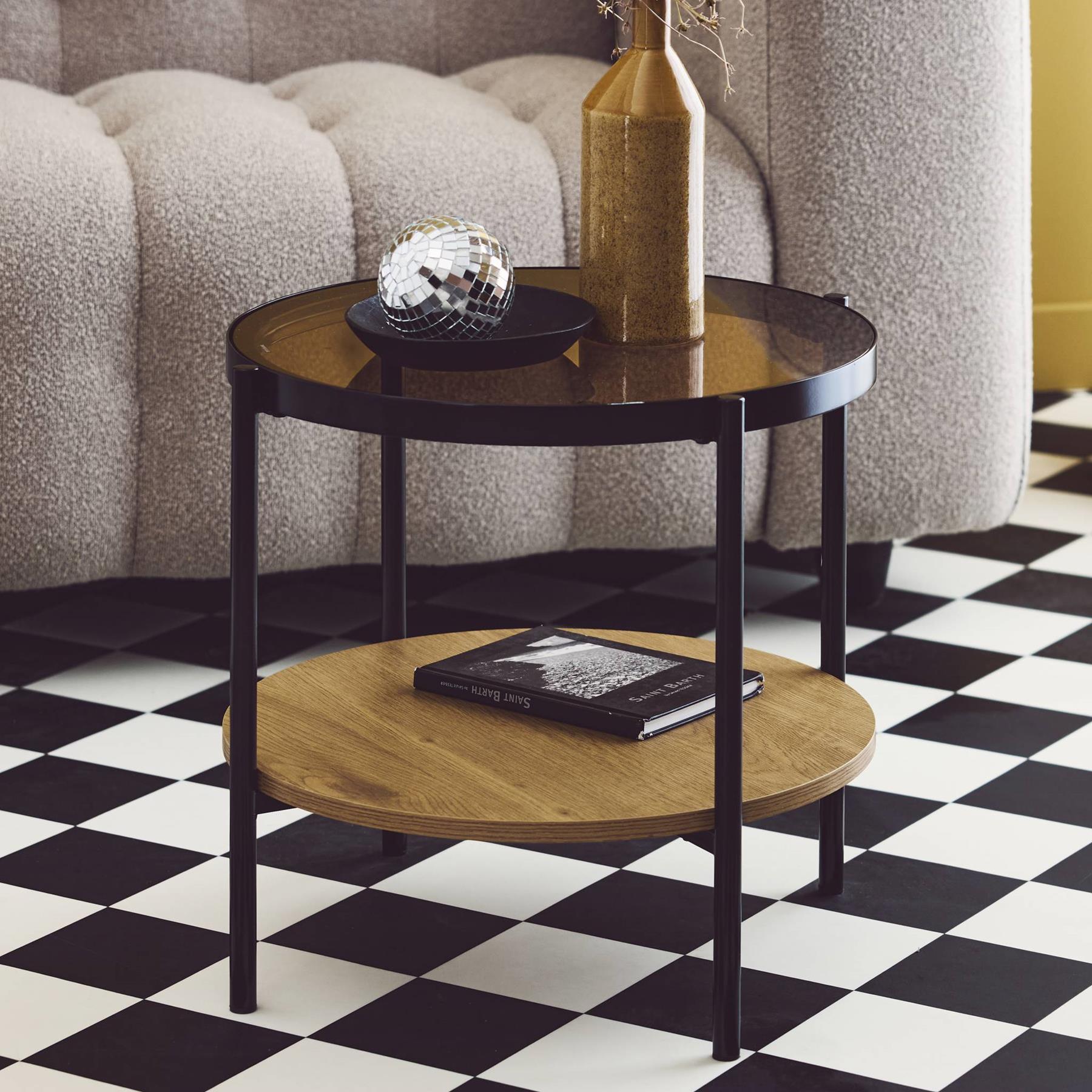 sweeek - Ronde bijzettafel in gehard glas, hout- en metaaleffect zwart