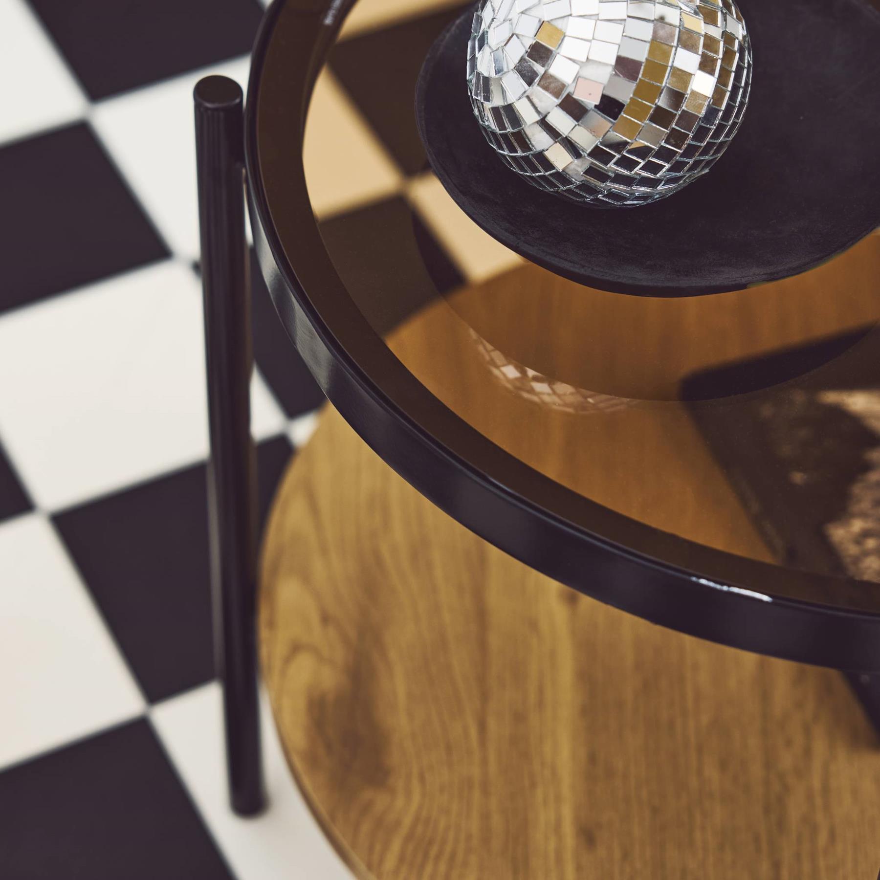 sweeek - Ronde bijzettafel in gehard glas, hout- en metaaleffect zwart